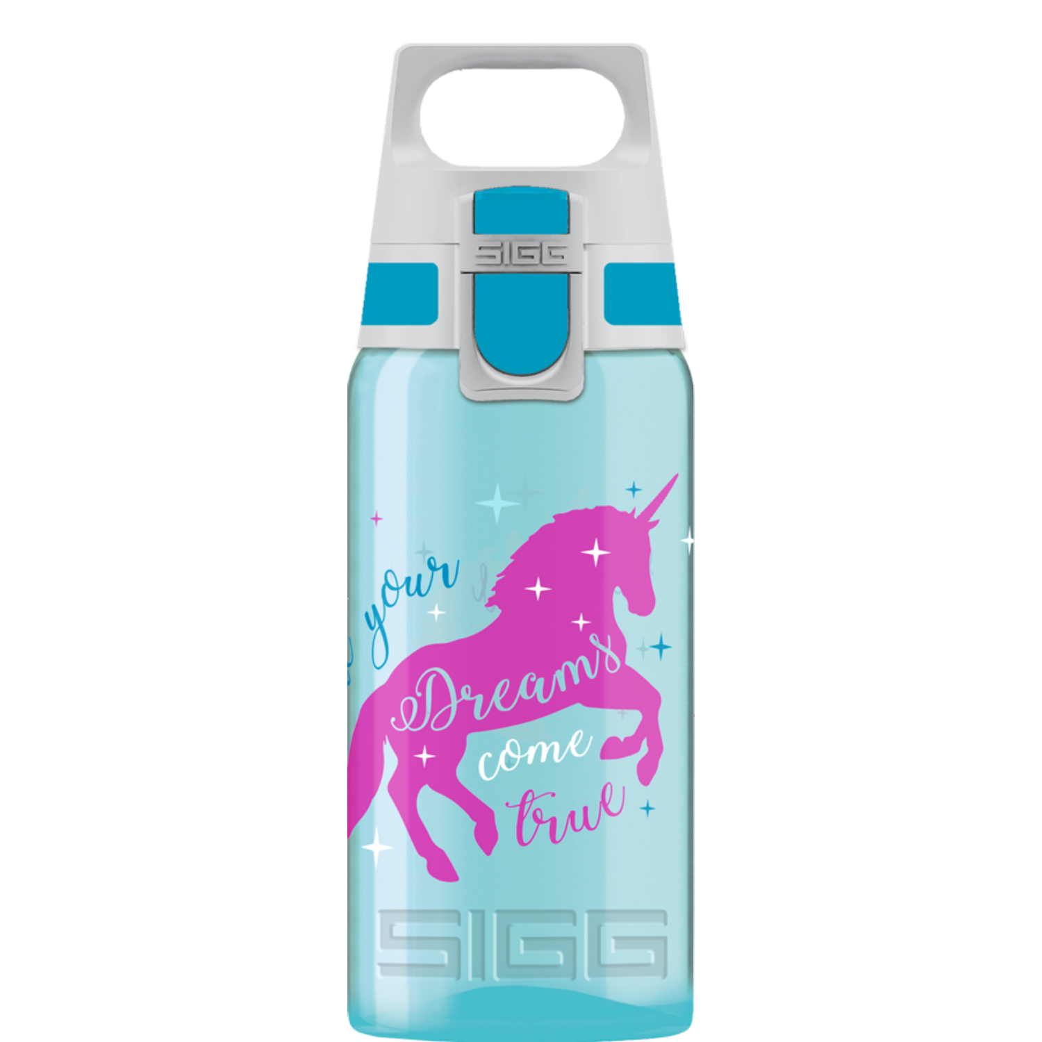 Blaue Wasserflasche mit rosa Einhorn-Design und den Worten 'Dreams come true'.