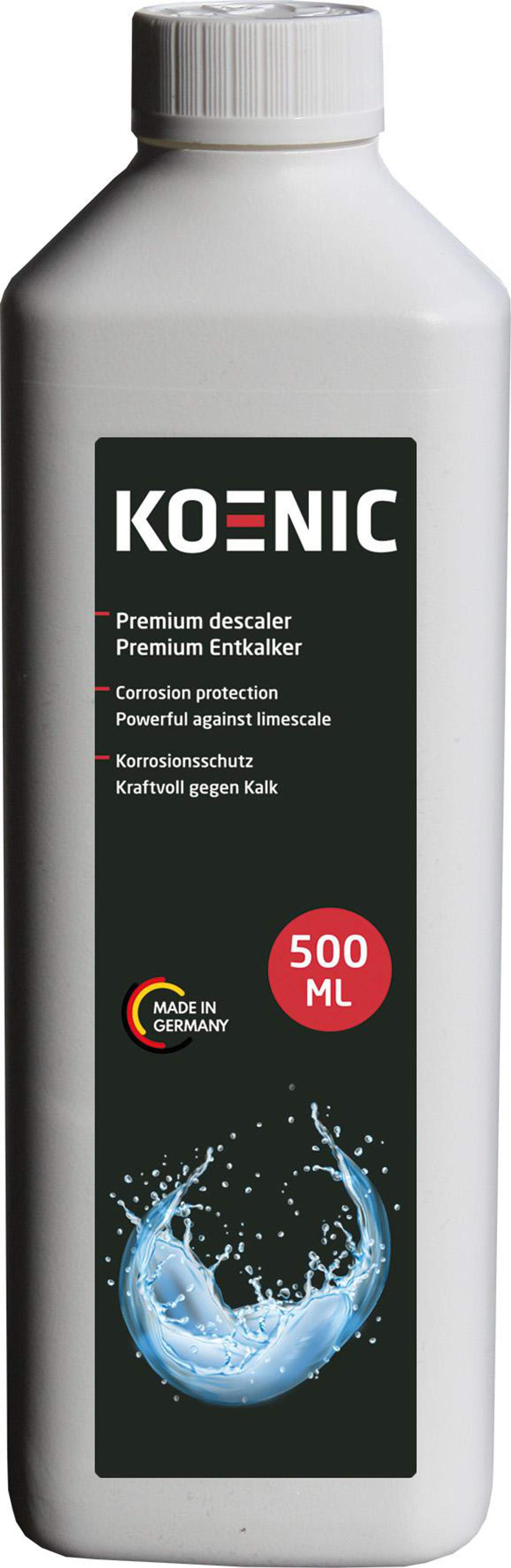 Flasche KOENIC Premium-Entkalker mit Text und Wasserspritzer.