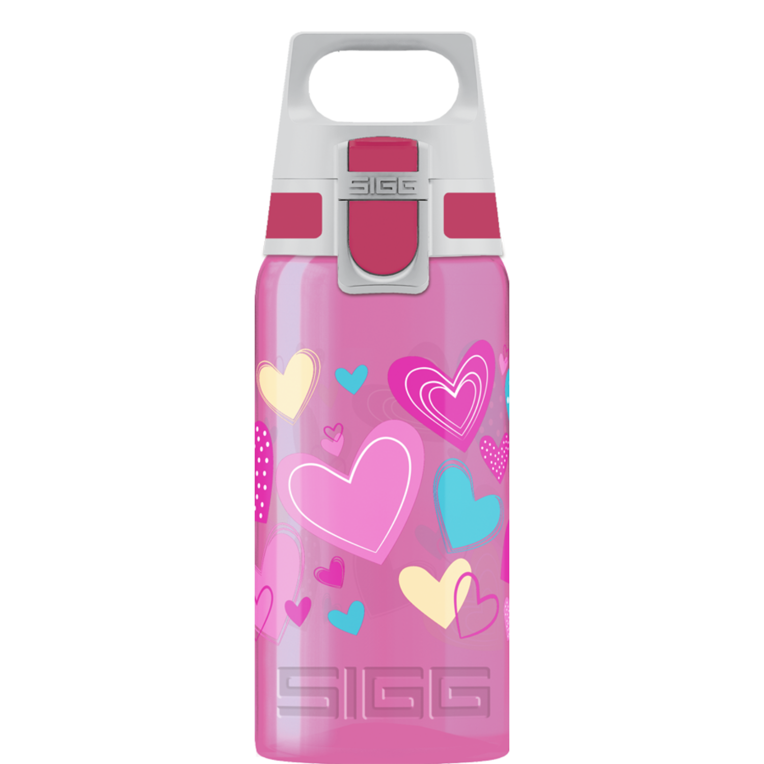 Pinke Wasserflasche mit Herzen. Sie hat einen weißen Deckel mit rotem Knopf. Der Markenname ist SIGG unten.