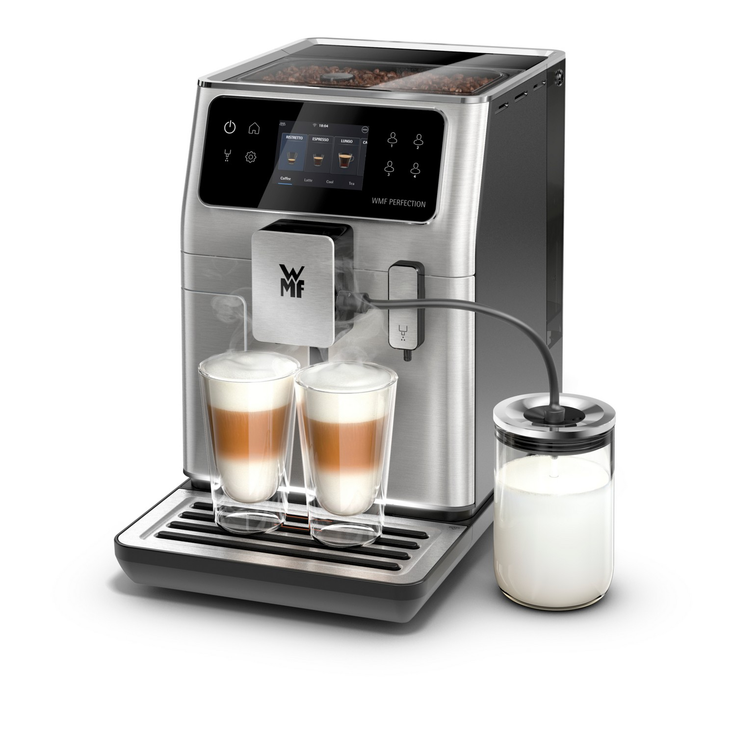 Silberne Kaffeemaschine mit zwei Latte-Gläsern und einem Milchbehälter. Die Maschine hat einen Bildschirm und Knöpfe.