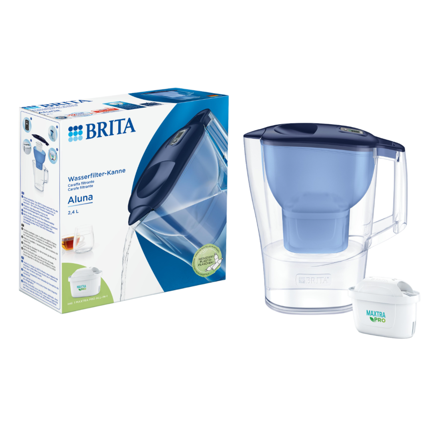Filtro dell'acqua Brita e scatola del filtro. La scatola mostra una caraffa e bicchieri. Blu e bianco.