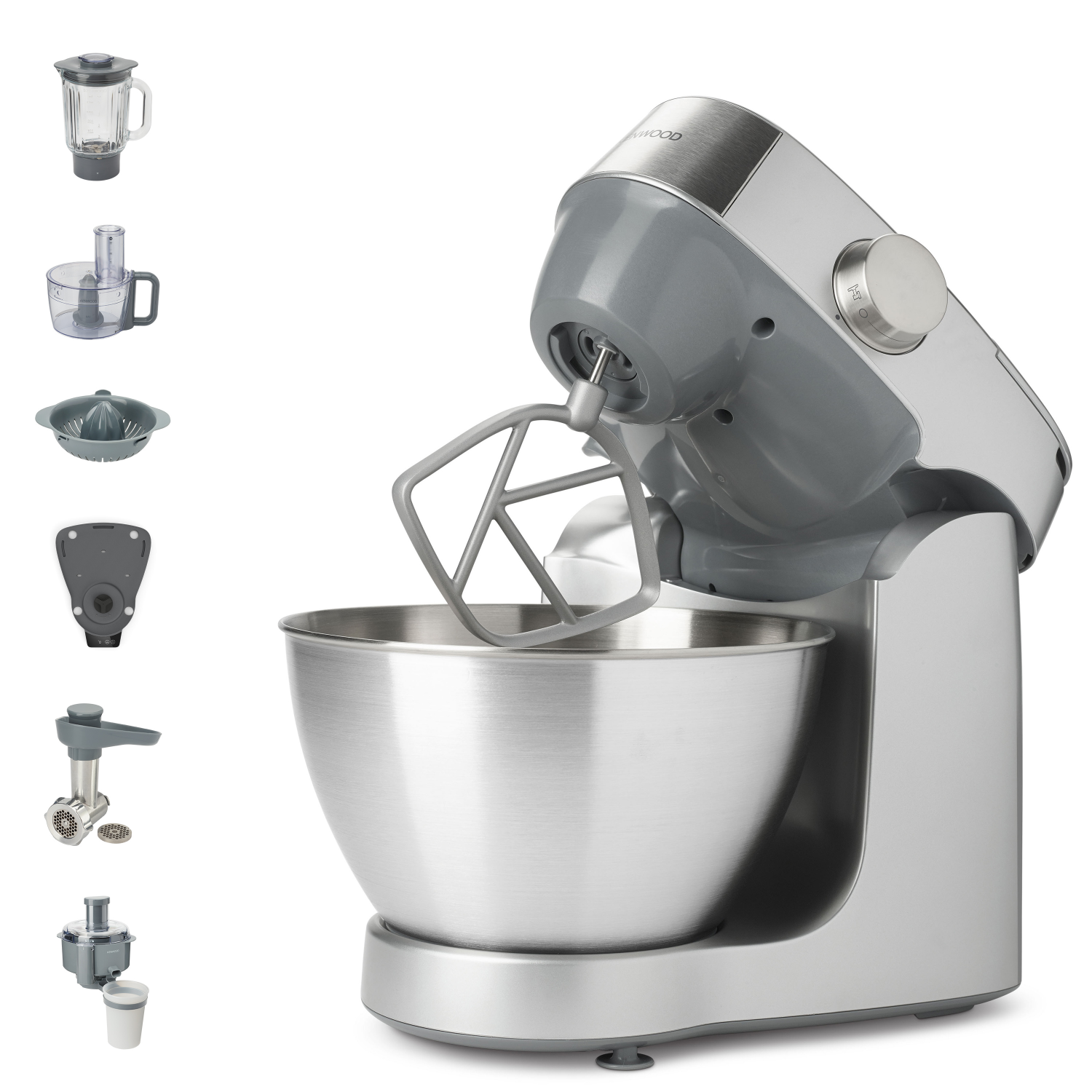 Un mixer da cucina Kenwood argento e grigio con accessori su sfondo bianco.