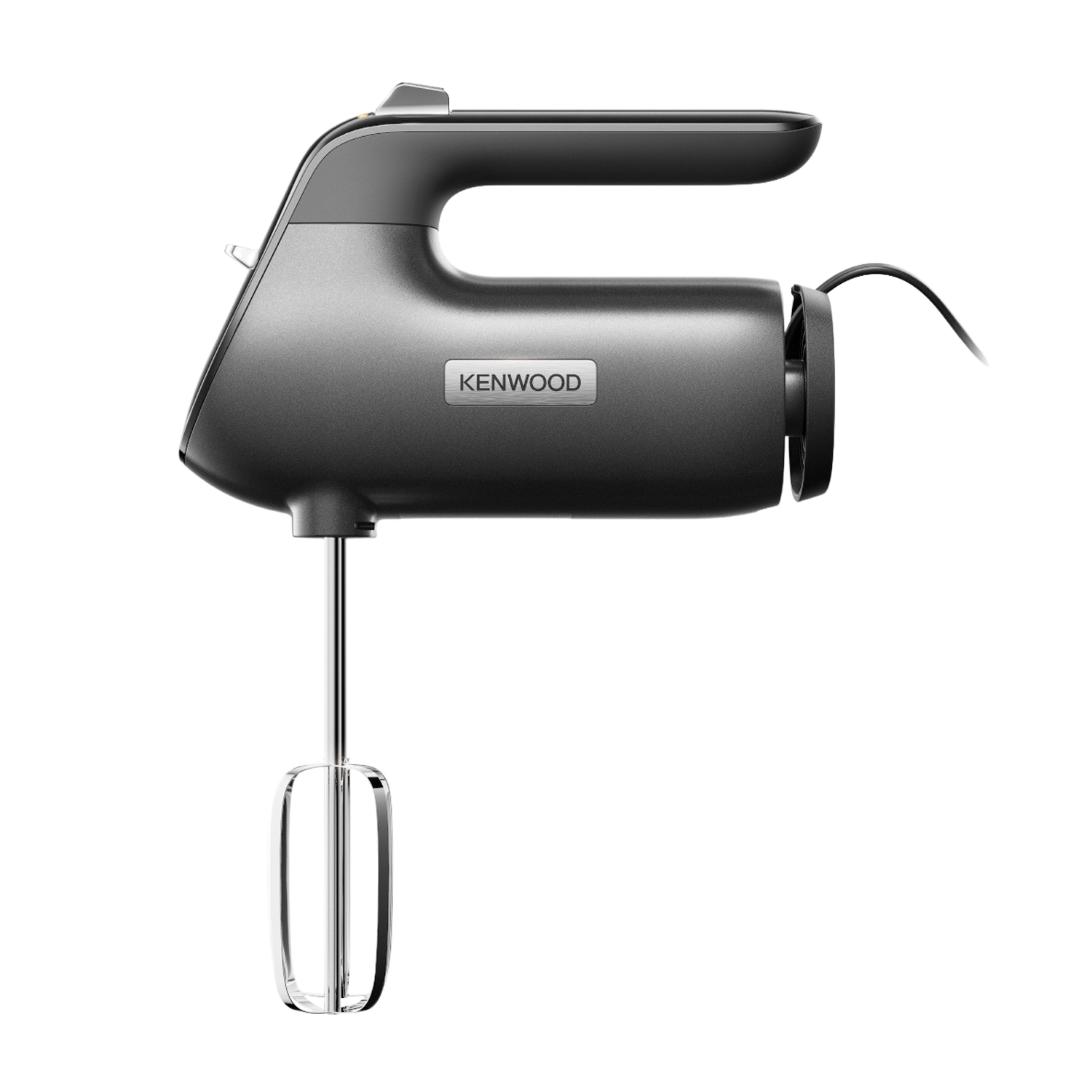 Kenwood Handmixer, dunkelgrau, mit Griff und zwei Rührbesen.