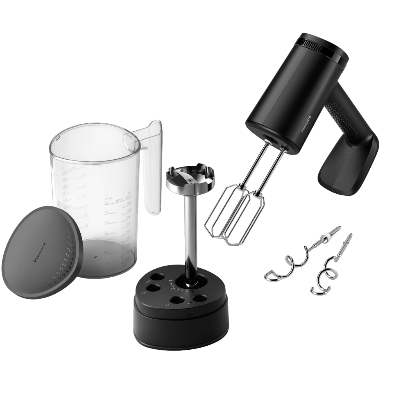 Schwarzer Handmixer mit Aufsätzen, einem durchsichtigen Becher und einem schwarzen Ständer.