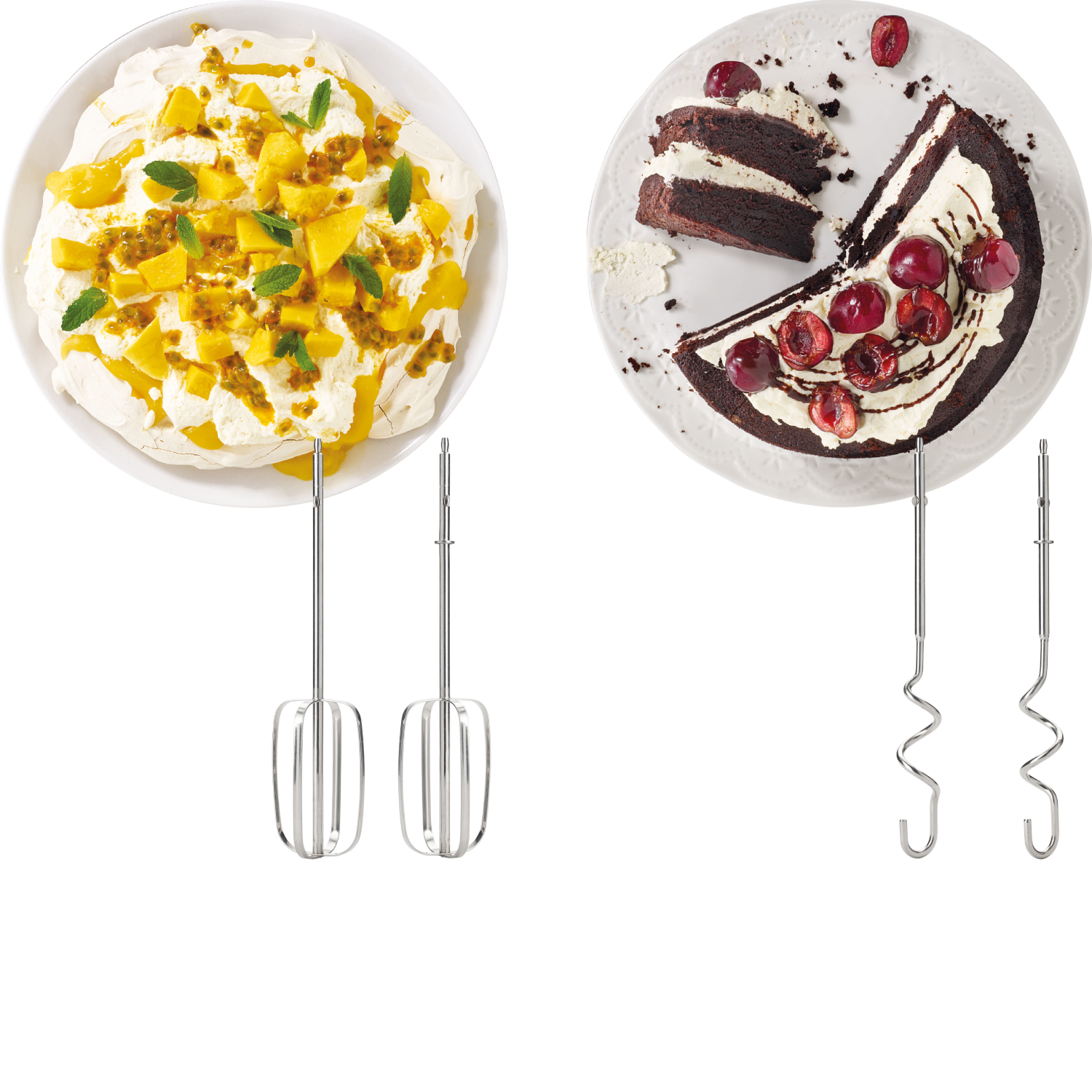 Zwei Teller, einer mit Pavlova und Mango, der andere mit Kuchen und Kirschen.