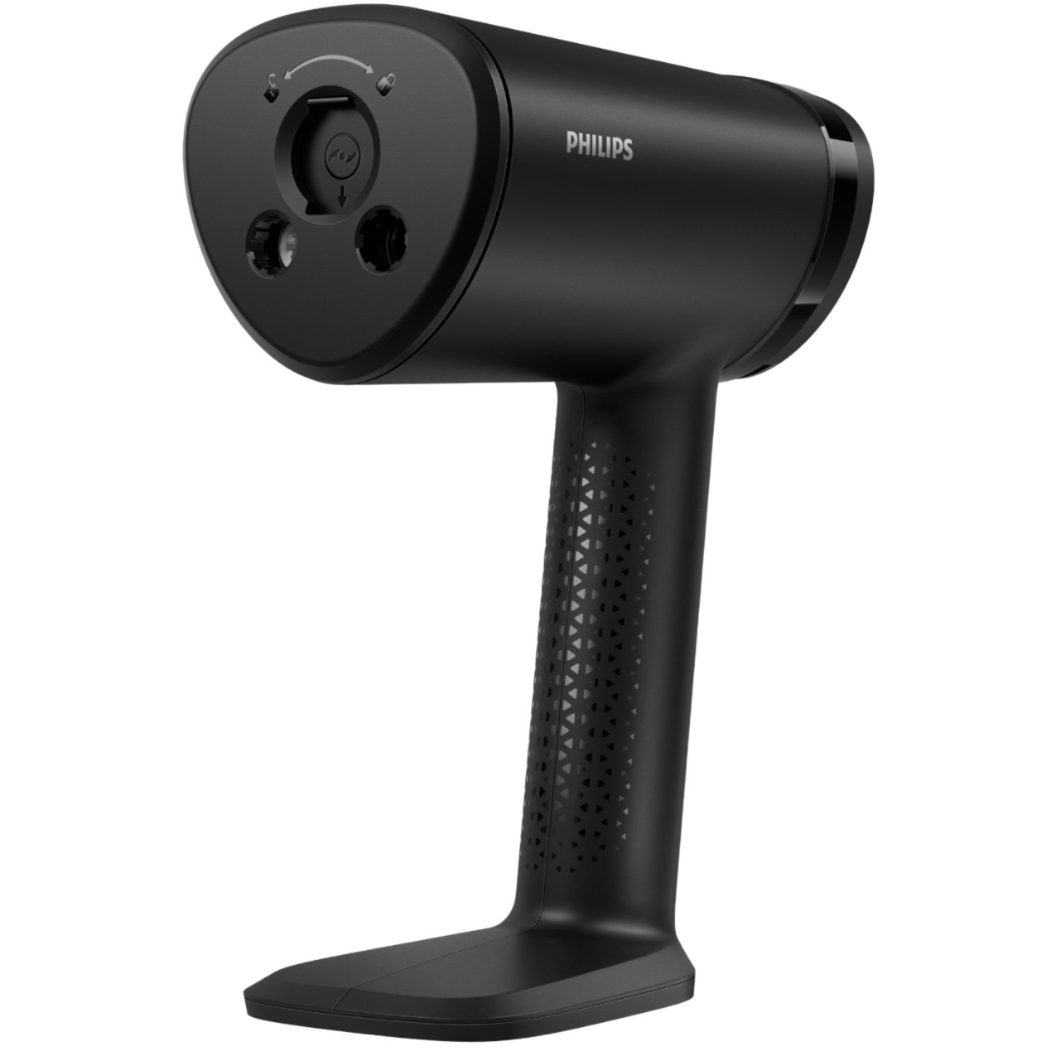 Ein schwarzer Philips Handdampfer, der die Vorderseite mit Löchern und einen Griff mit strukturierter Oberfläche zeigt.