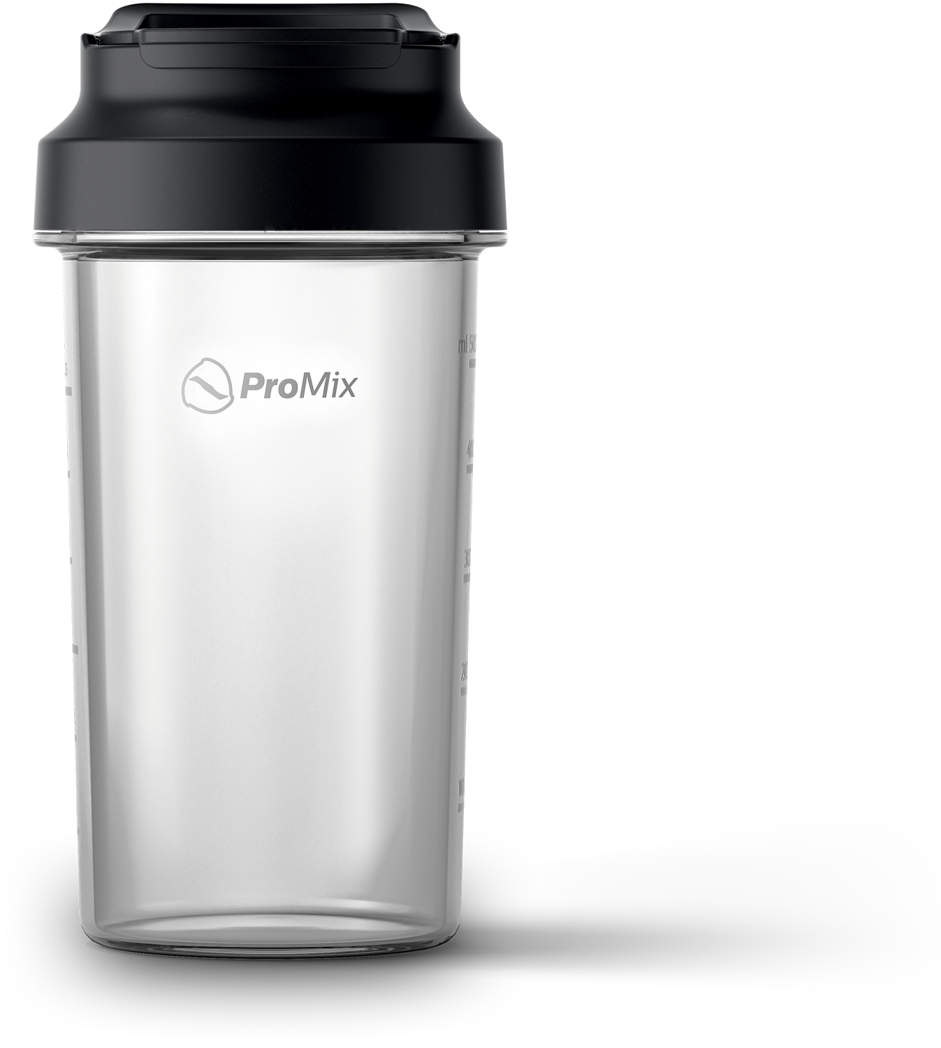 Shaker ProMix nero con corpo argentato e coperchio nero. Sfondo bianco.