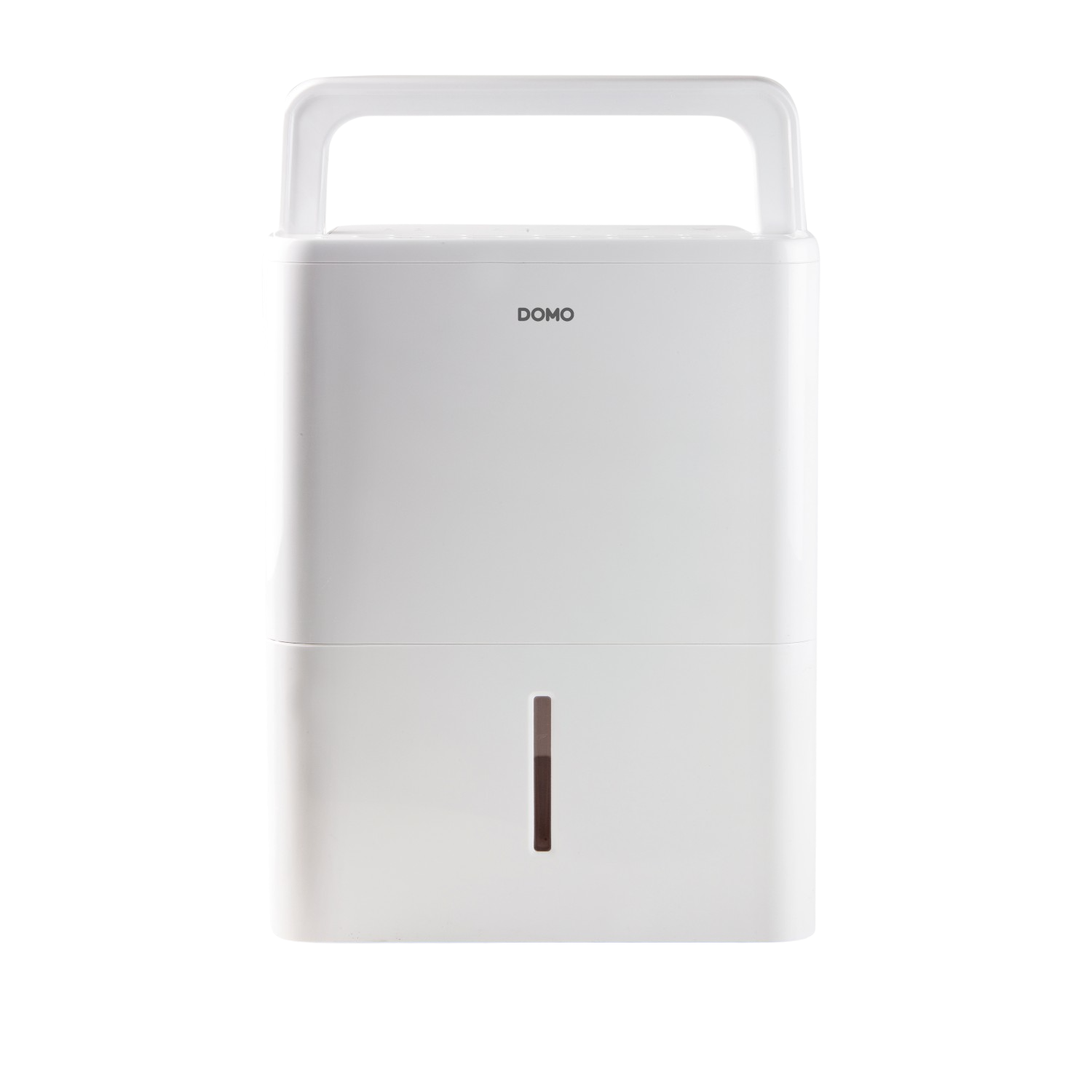 Biały osuszacz powietrza DOMO z uchwytem i brązowym wskaźnikiem poziomu wody. Białe tło.