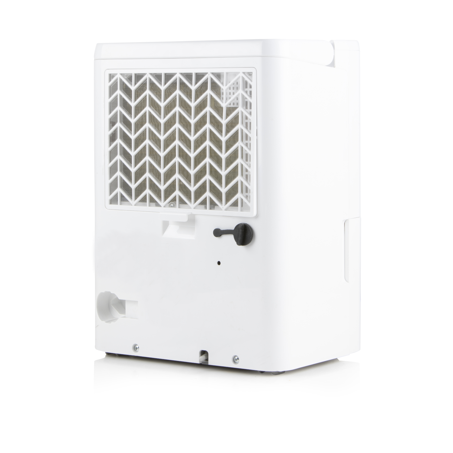 Tył białego osuszacza powietrza z otworem wentylacyjnym i elementami sterującymi, na białej powierzchni.