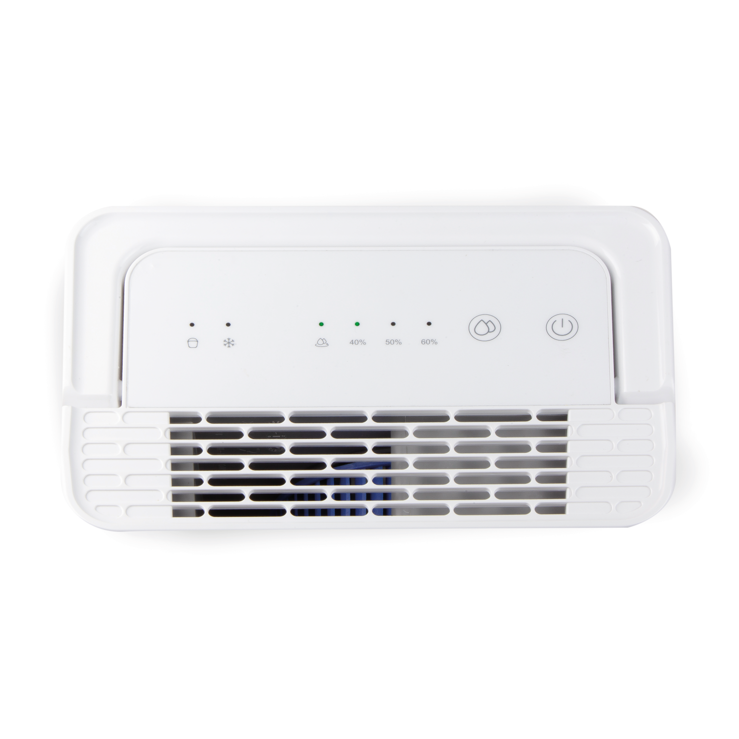 Biały osuszacz powietrza z panelem sterowania, przyciskami i otworem wentylacyjnym.