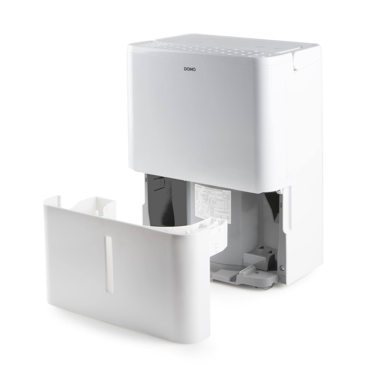 Biały osuszacz z usuniętym zbiornikiem na wodę. Białe tło.