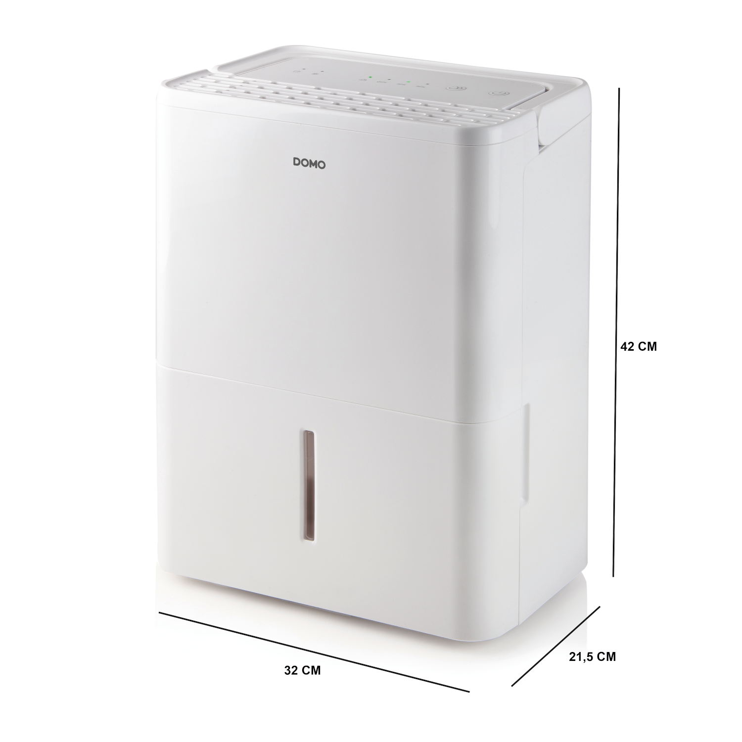 Biały osuszacz powietrza z wymiarami. Posiada wskaźnik poziomu wody. Tło jest białe.