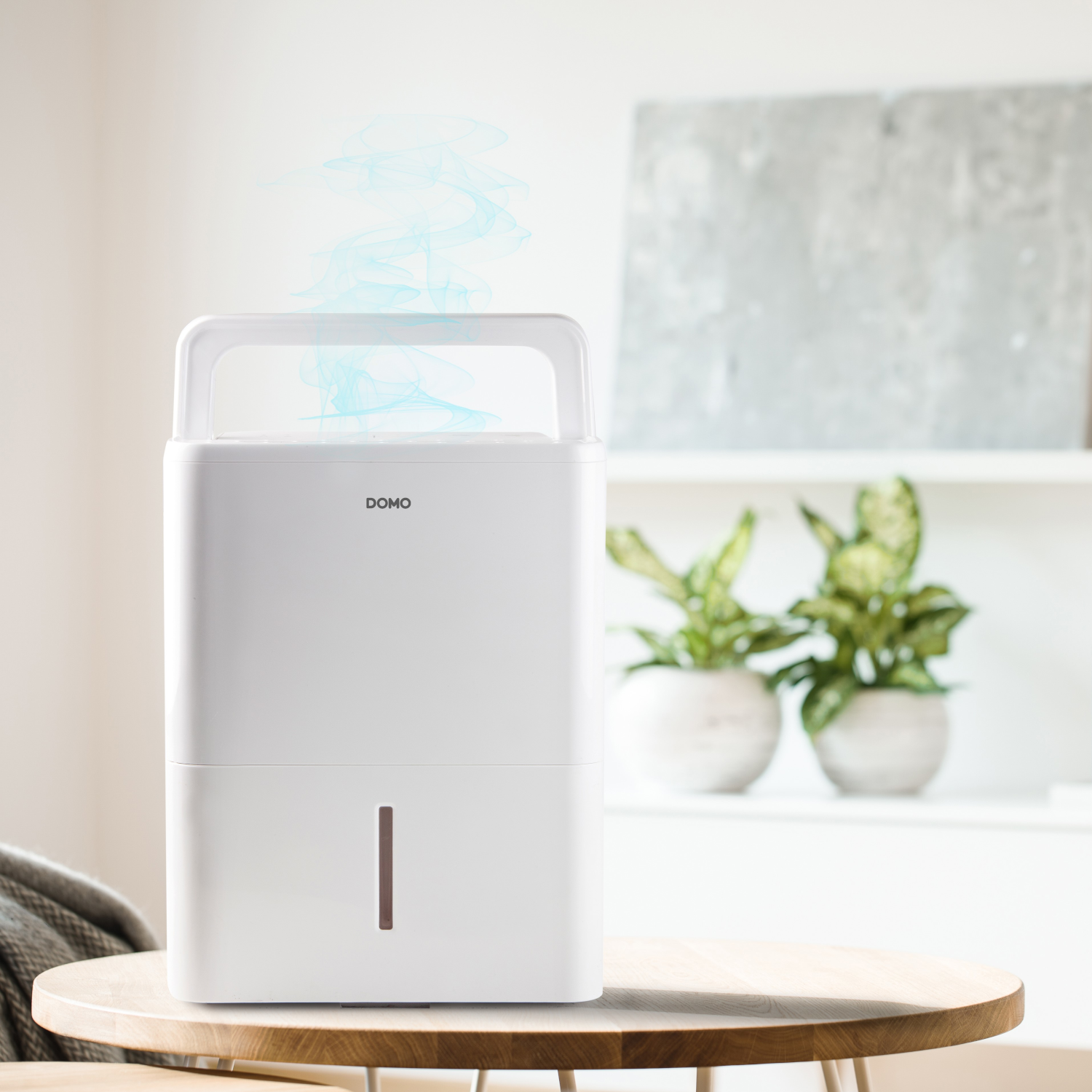Biały osuszacz powietrza DOMO na drewnianym stole. Dwie rośliny doniczkowe w tle. Widoczna niebieska para.