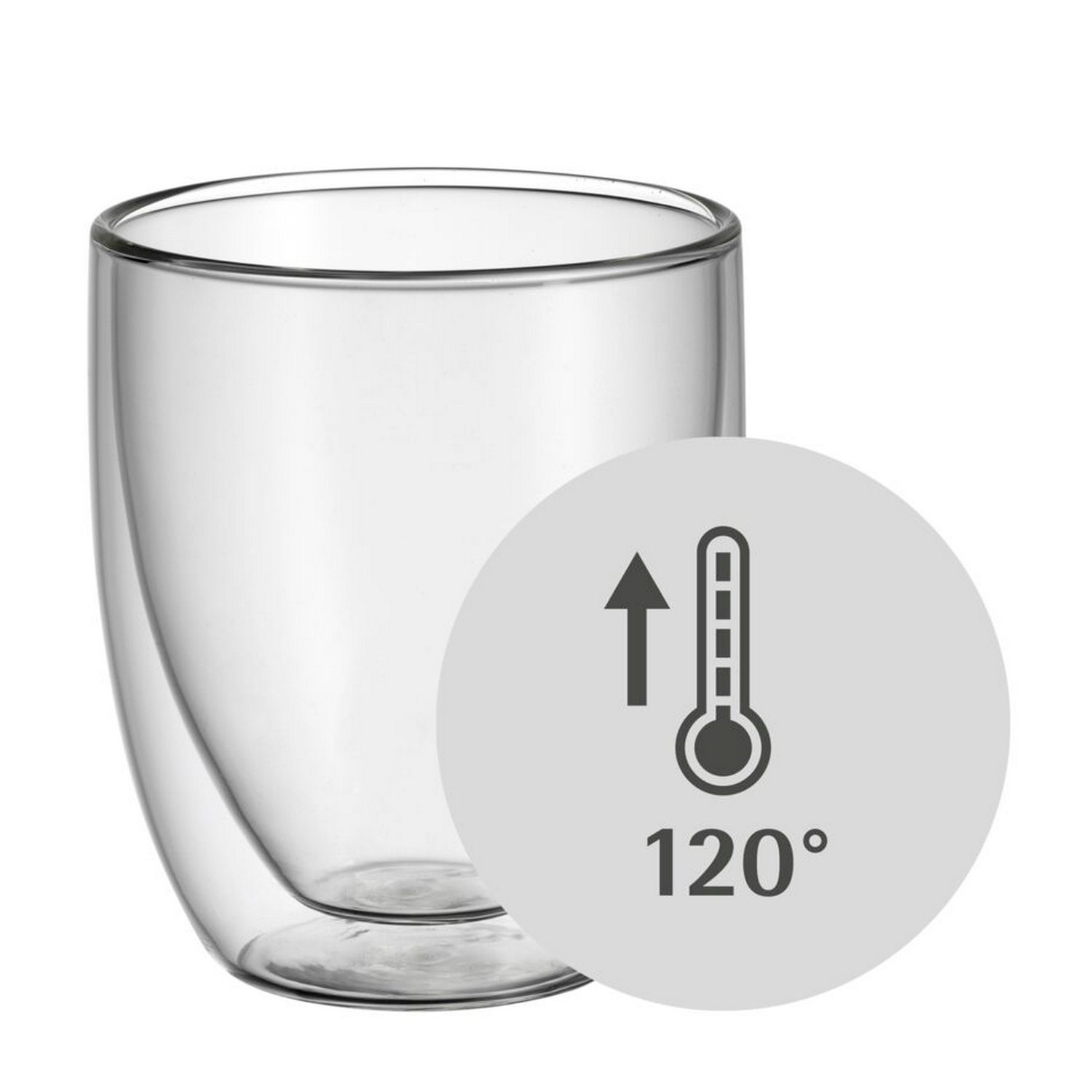 Bir sıcaklık göstergesi olan şeffaf çift cidarlı bir bardak. 120° gösteriyor.