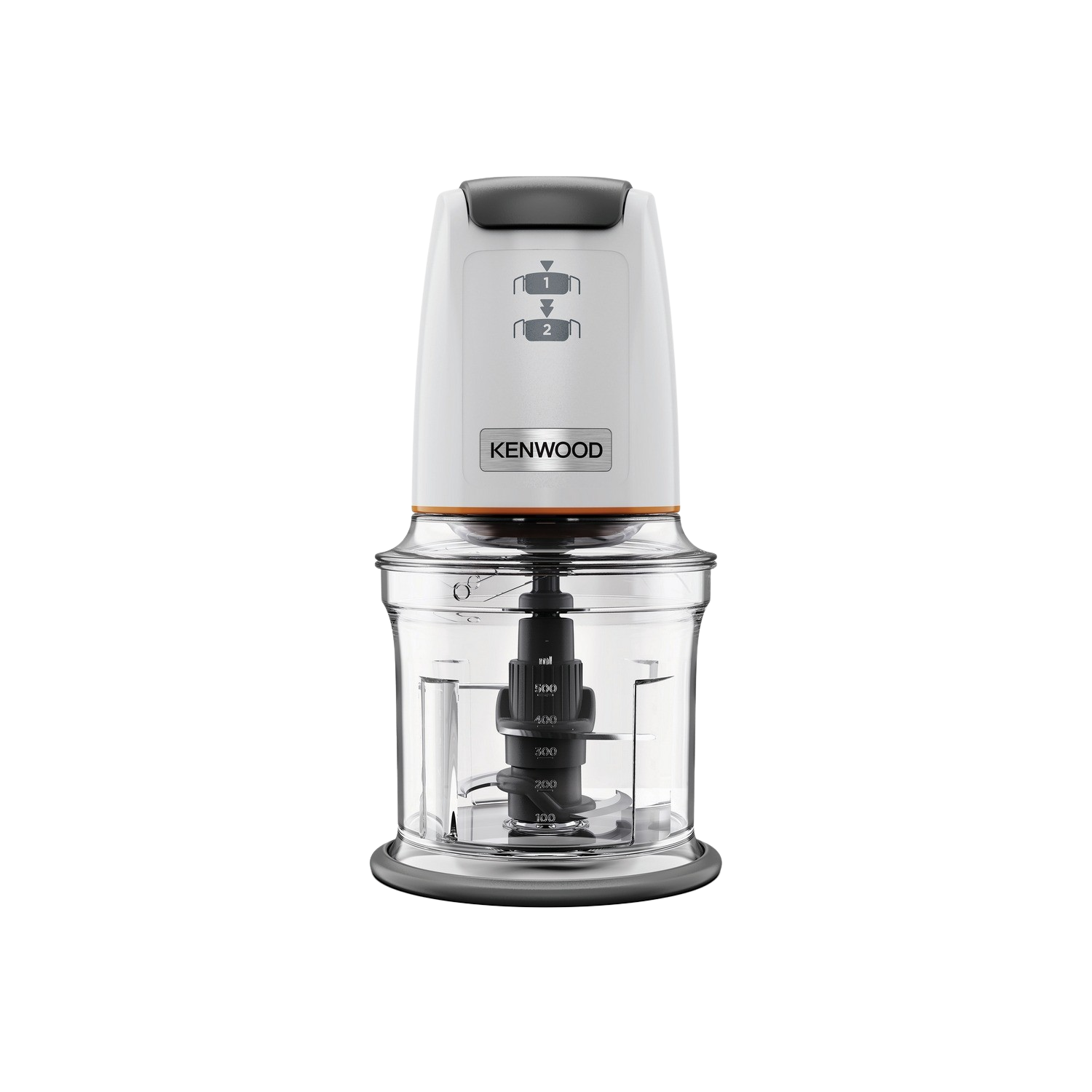 Un tritatutto Kenwood bianco con una ciotola di plastica trasparente e dettagli neri.