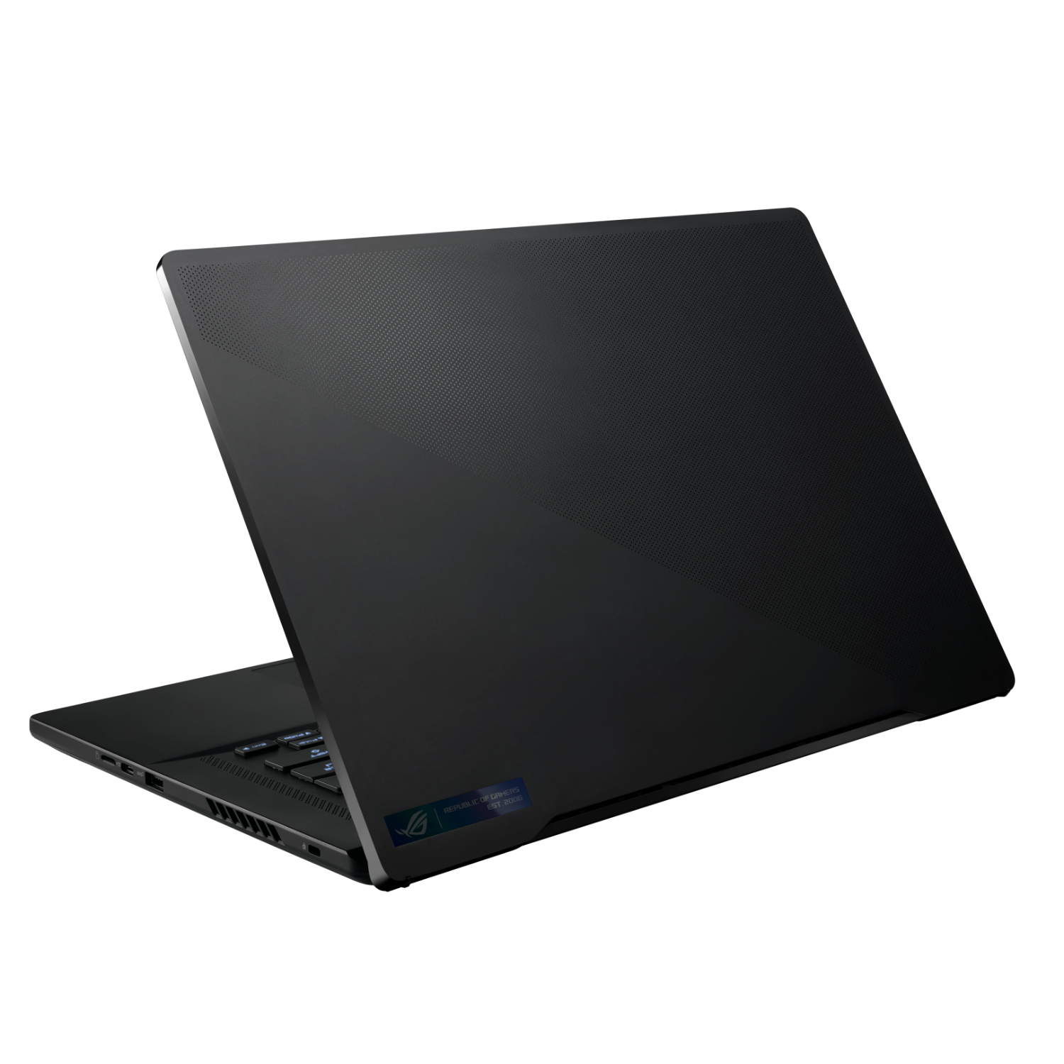 Black laptop, back view, with a textured pattern and a logo.