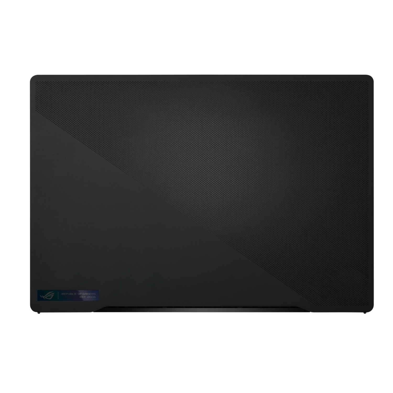 Black laptop with Republic of Gamers logo on the back.