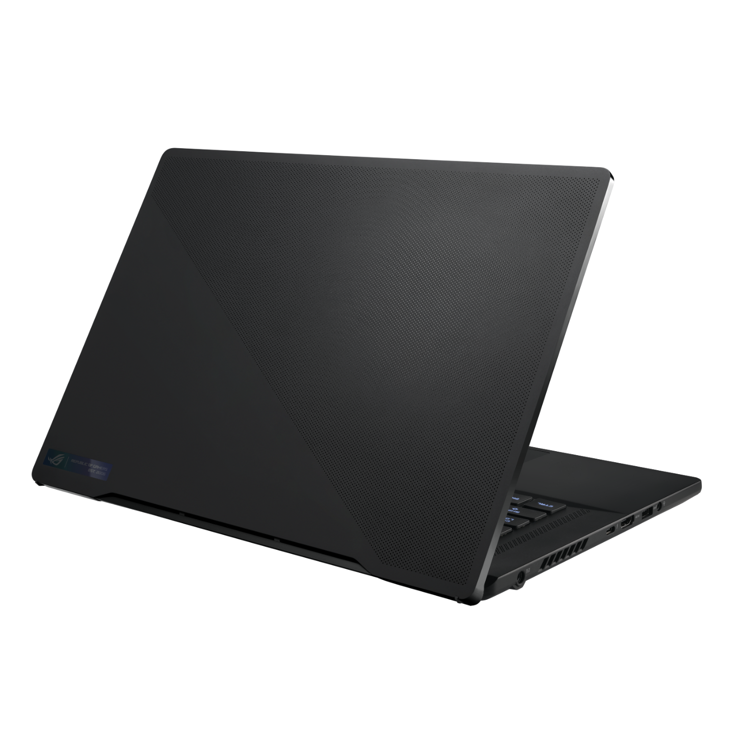 Black laptop, showing the back with a logo and the side with ports. Black background.