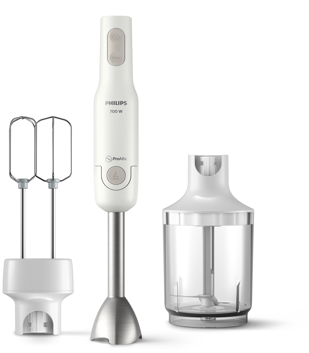 Frullatore a immersione bianco con accessori. Lo sfondo è nero. Logo Philips visibile.