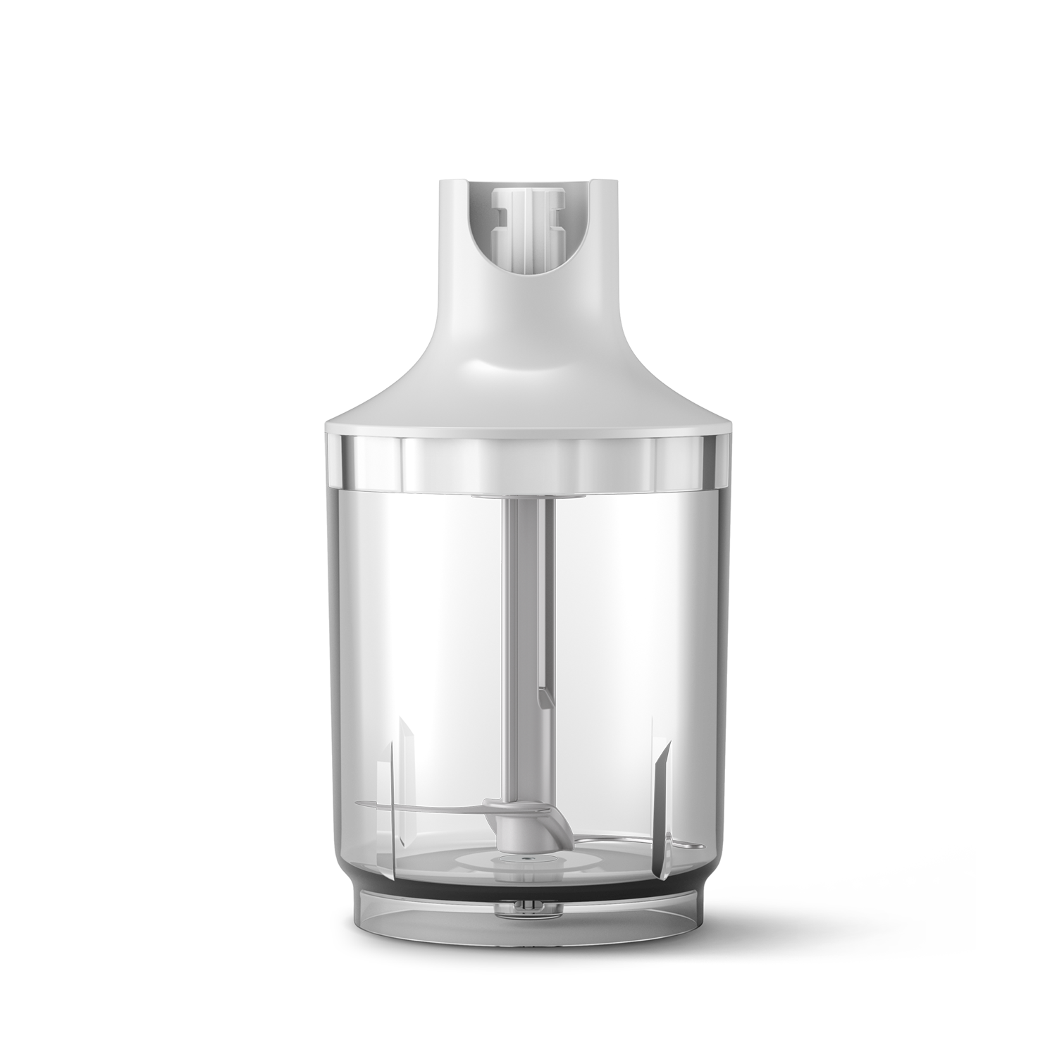 Accessorio frullatore a immersione bianco con lama argentata e sfondo nero.