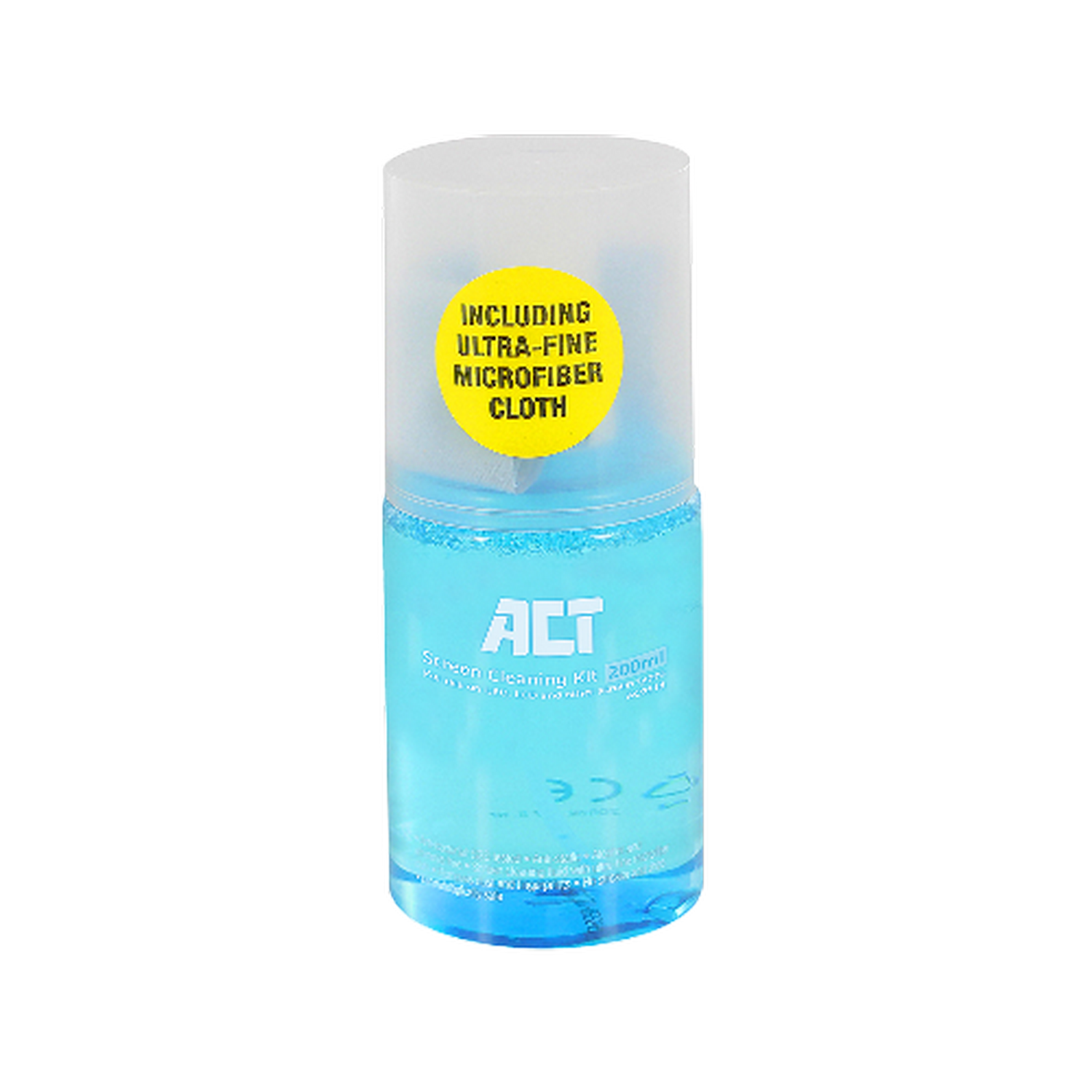 Zestaw czyszczący z niebieskim płynem i etykietą z mikrofibry.
