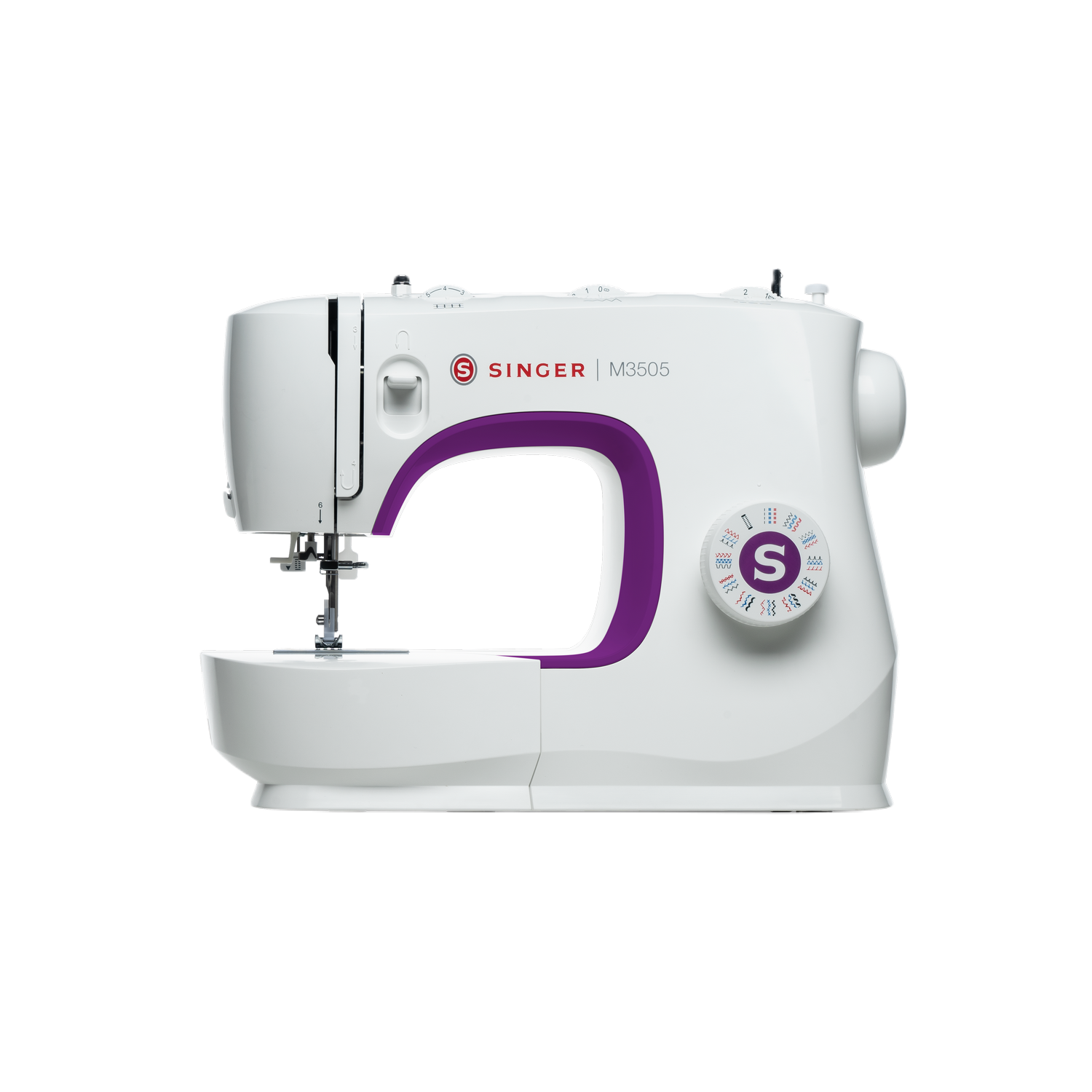 Biała maszyna do szycia Singer z fioletowymi akcentami na czarnym tle.
