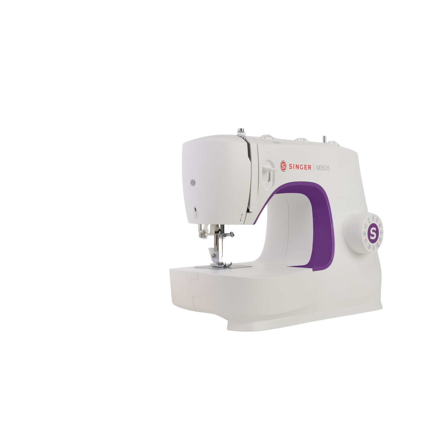 Biała maszyna do szycia Singer z fioletowym akcentem, na czarnym tle.