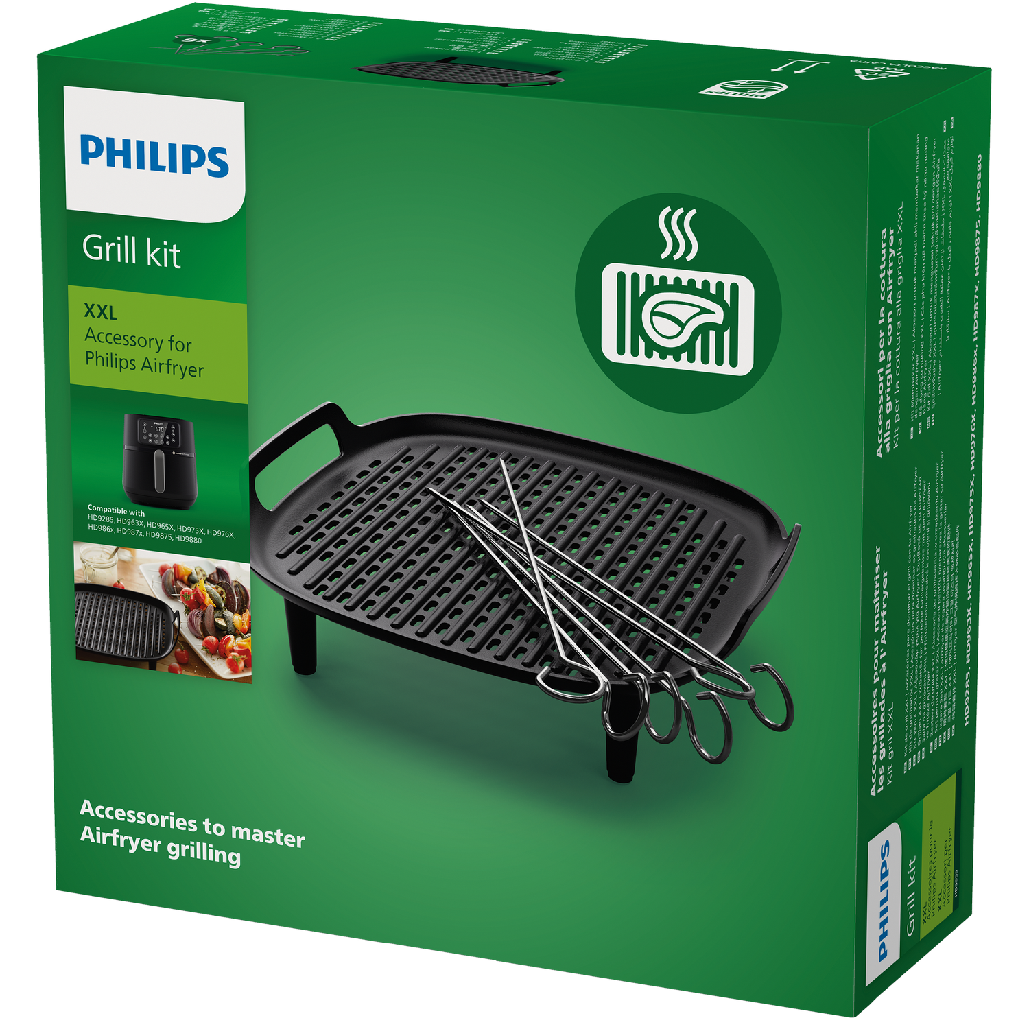 Scatola verde con kit griglia Philips, una griglia nera e pinze per griglia.