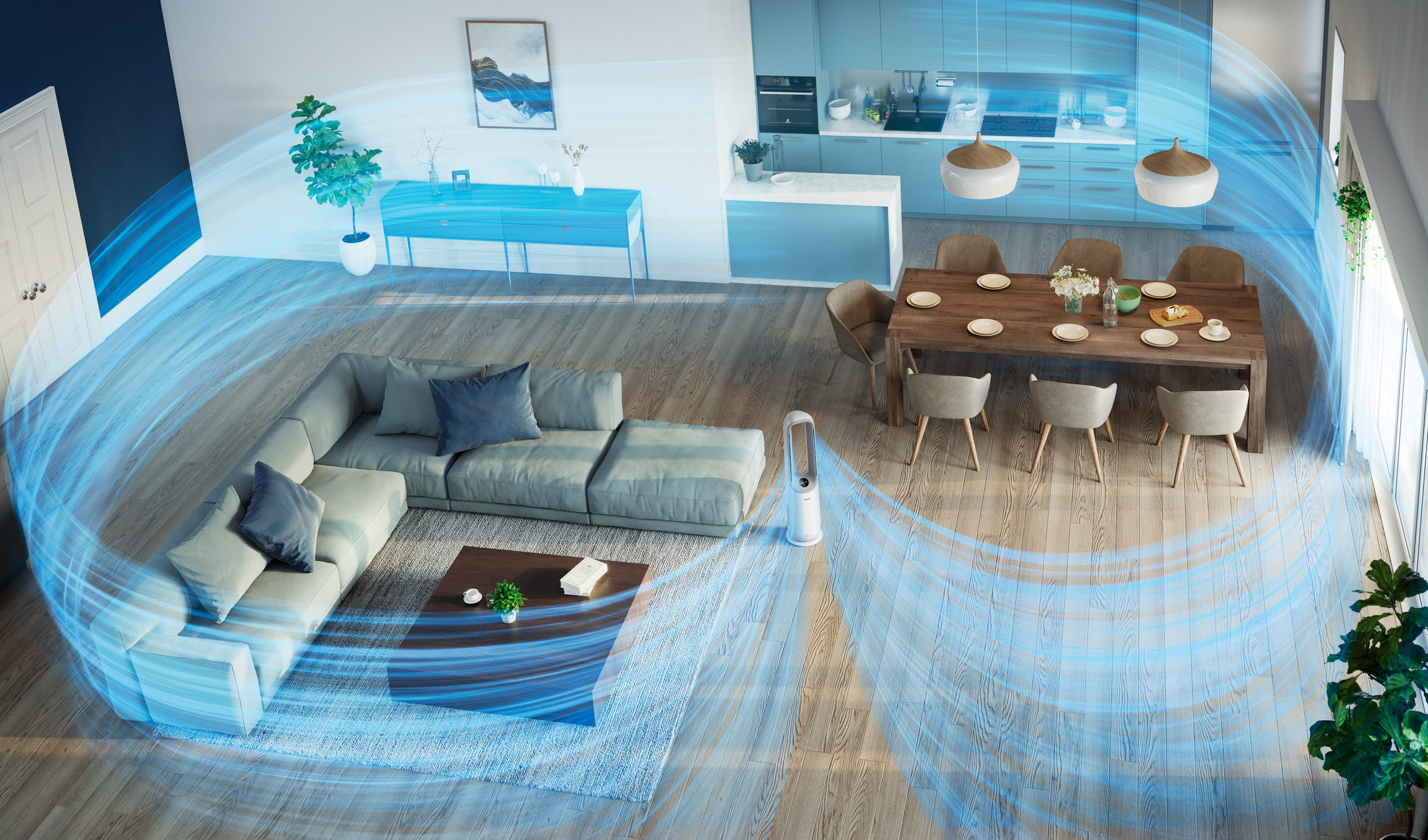 Ein Wohnzimmer mit Ventilator, Couch und Esstisch. Blaue Luftstromlinien sind sichtbar.