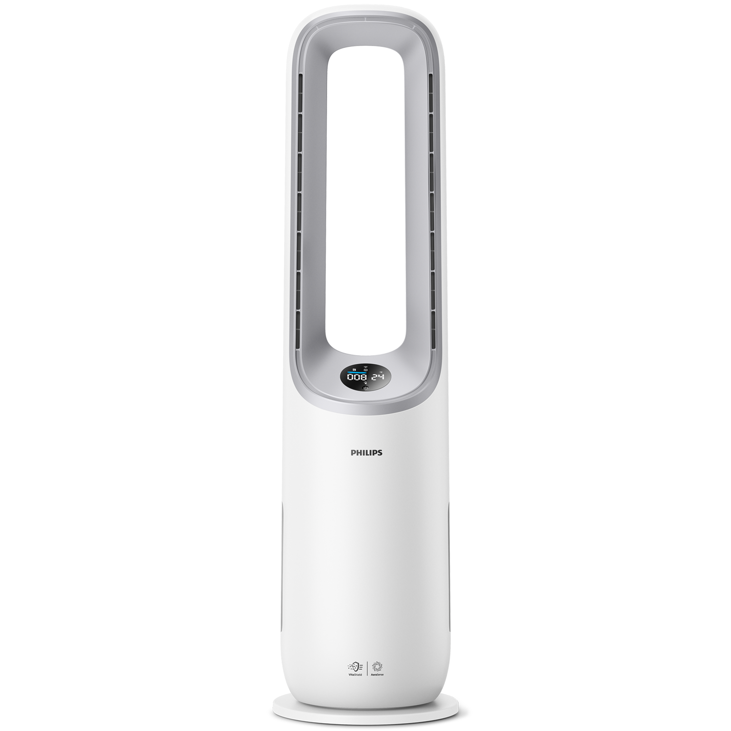 Ein weißer Philips Turmventilator, hoch und schlank, mit Digitalanzeige.