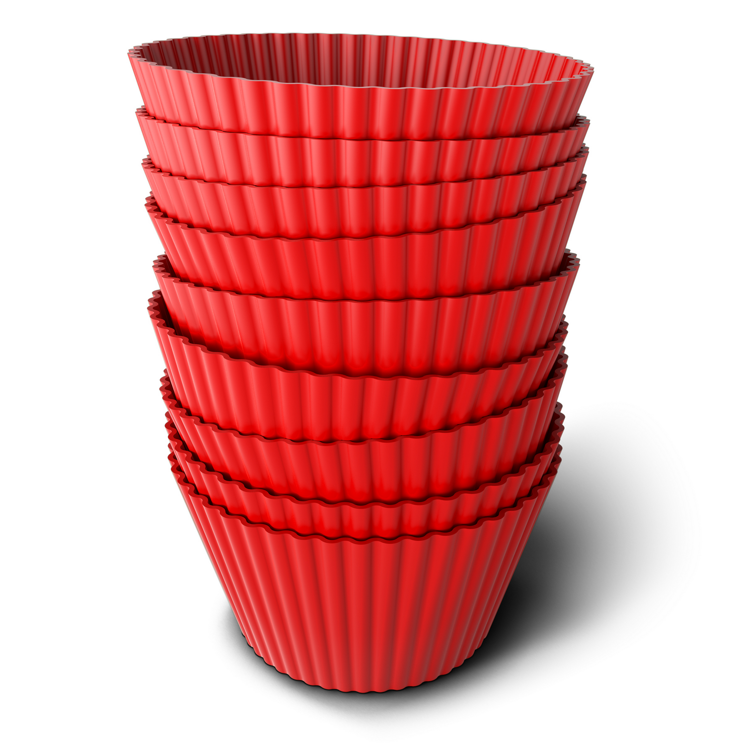 A stack of red, fluted cupcake liners is displayed against a white background.
