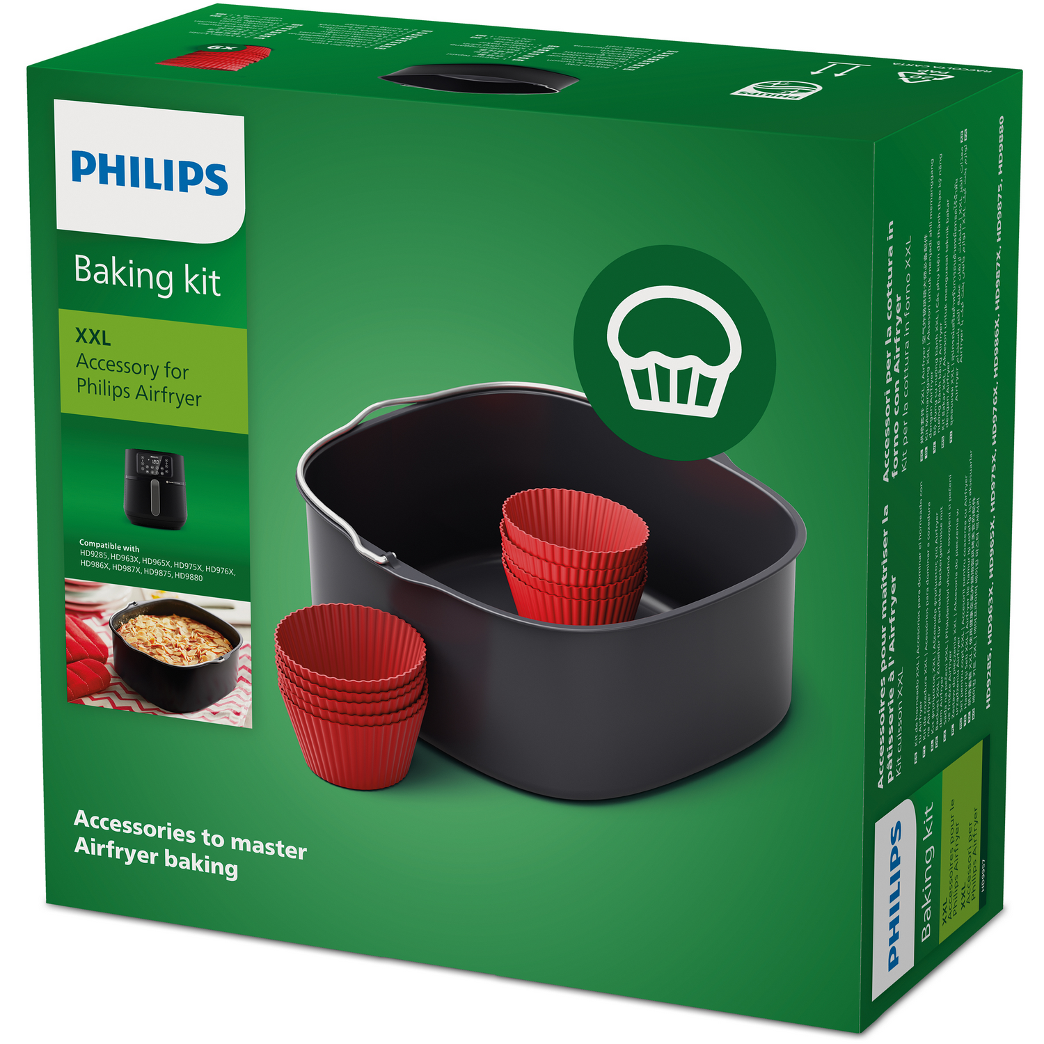 Philips baking kit box, black baking tray, red paper cups. The box shows a picture of an airfryer.