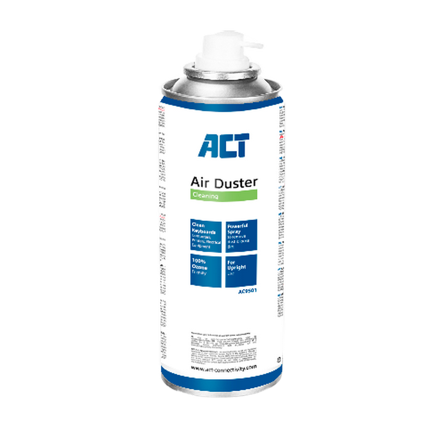 ACT Air Duster can. It is silver and white with green text. The background is black.