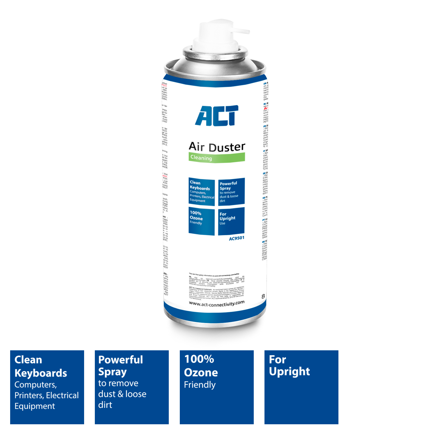 Air duster can with white spray head, blue and white label. Text reads 'ACT Air Duster Cleaning'.