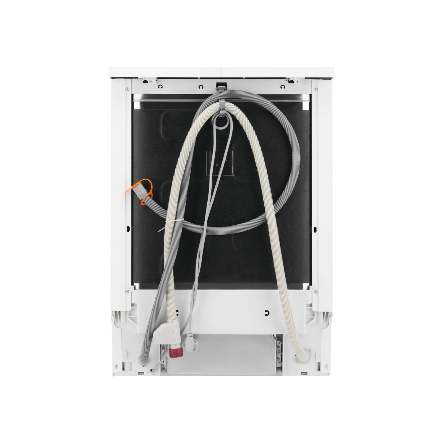 Widok z tyłu białej zmywarki. Podłączone węże i okablowanie, czarne wnętrze.