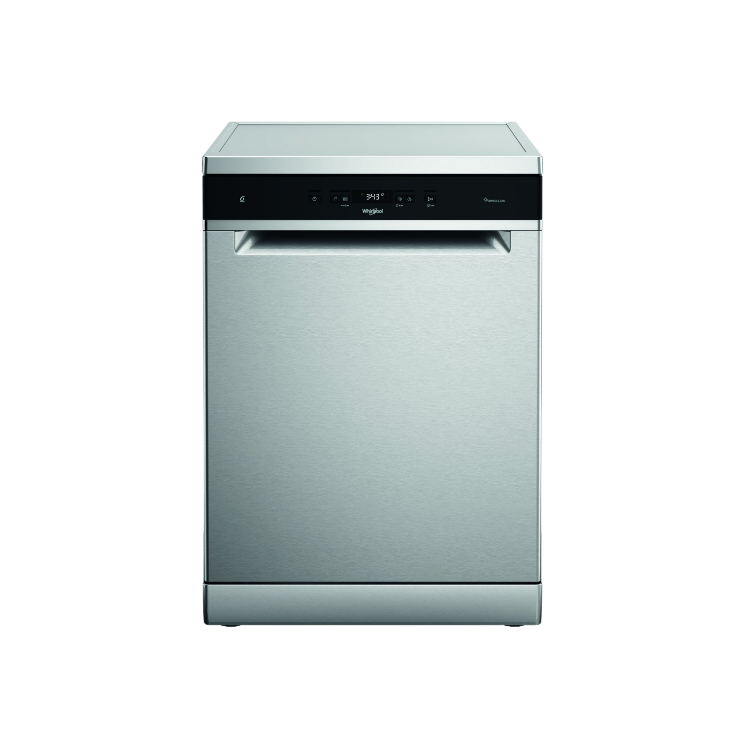 Silver dishwasher, front view, closed door. Black background. Whirlpool logo.