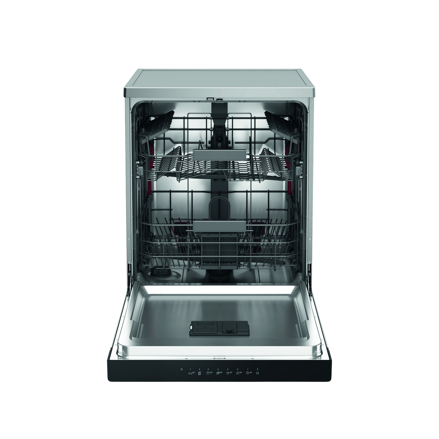 Dishwasher with door open, revealing racks, dark background.