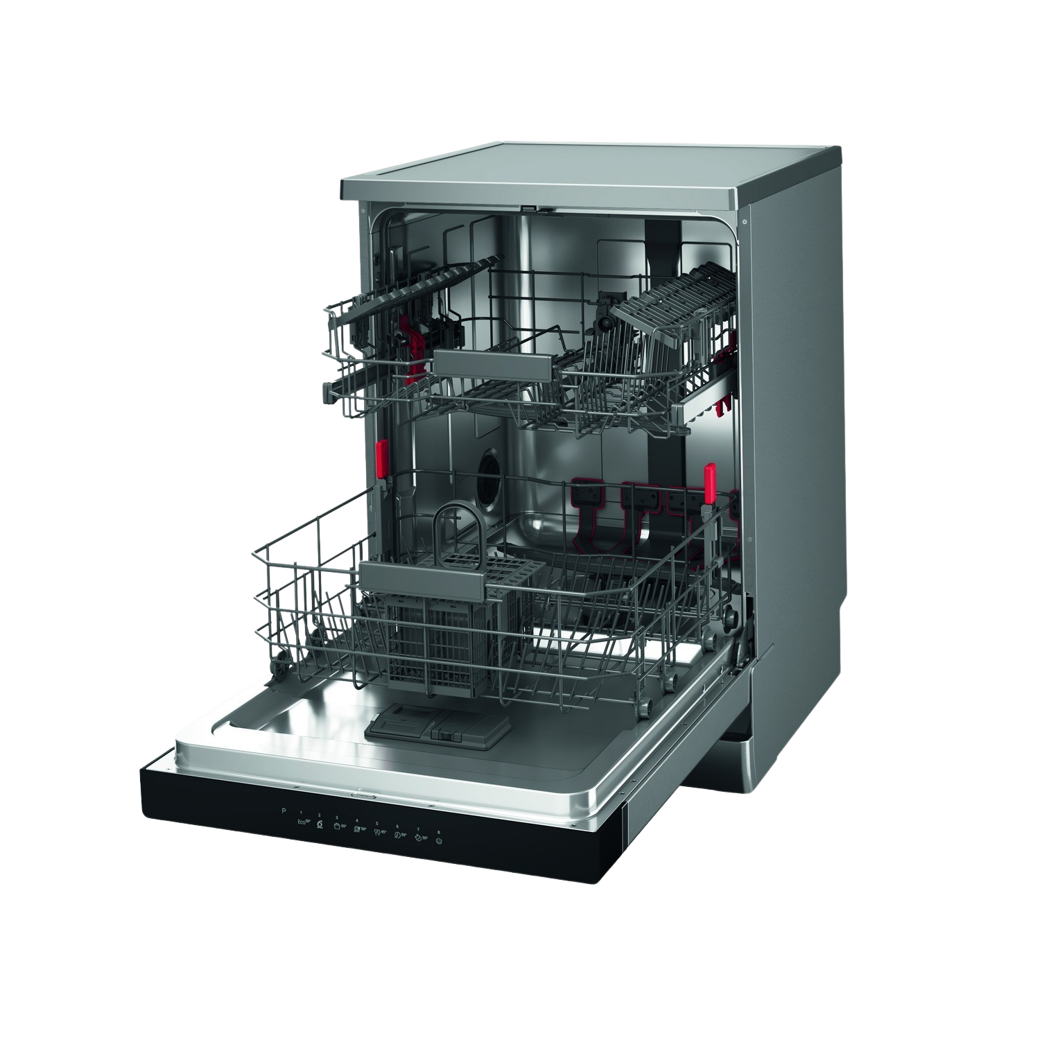 A dishwasher with an open door, showing the interior racks.