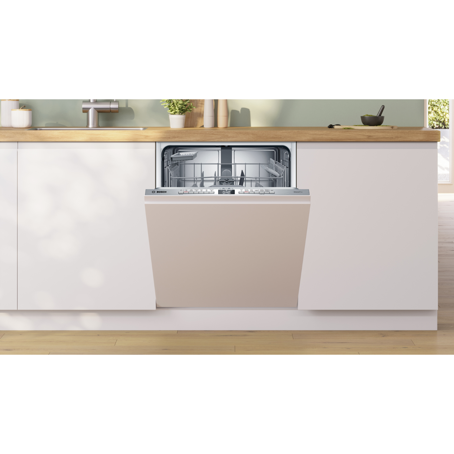 Vaatwasser geïntegreerd in een keuken. Beige deur, zichtbaar bedieningspaneel en houten aanrecht.