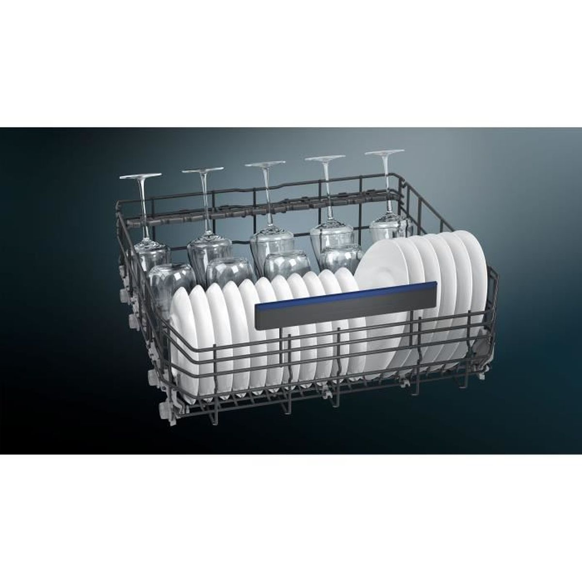 Dishwasher rack filled with clean dishes and glasses. Dark background. Organized arrangement.
