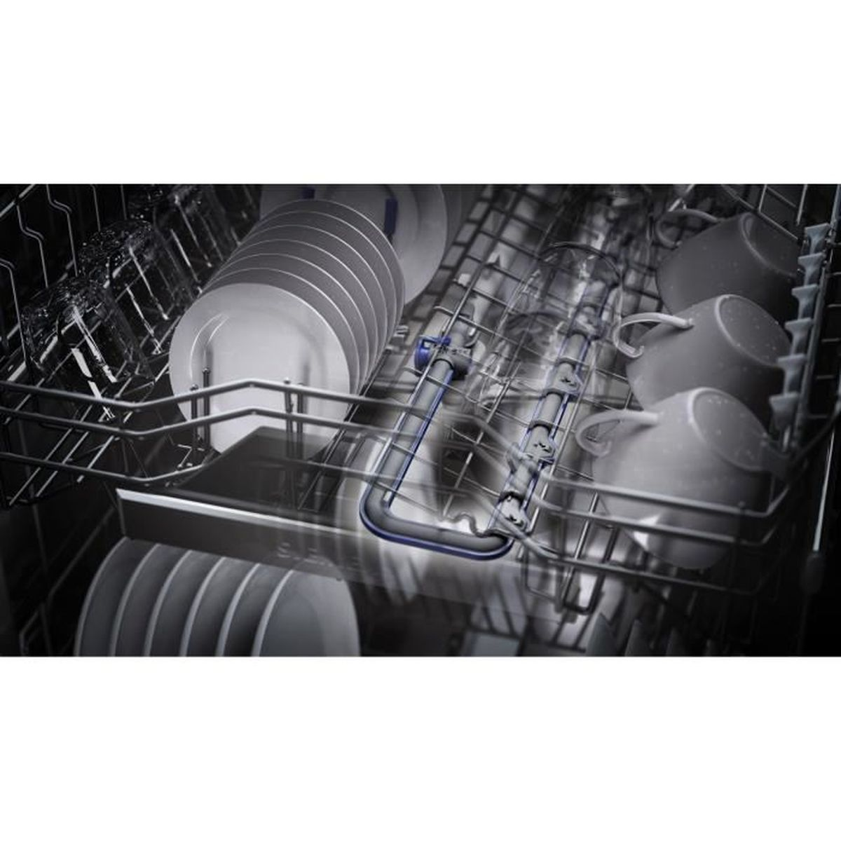 Dishwasher interior filled with dishes, glasses, and mugs in a dark setting.