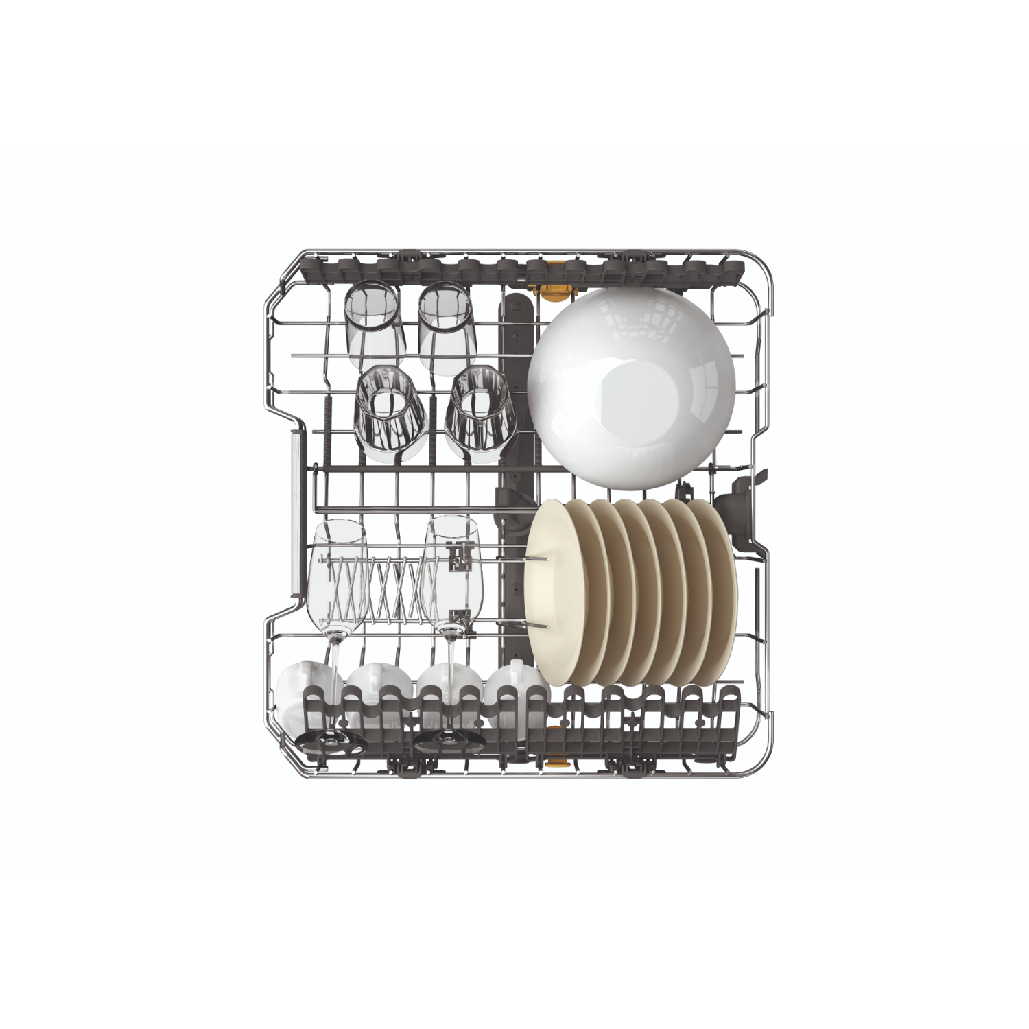 Stelaż zmywarki z naczyniami, talerzami i szklankami.