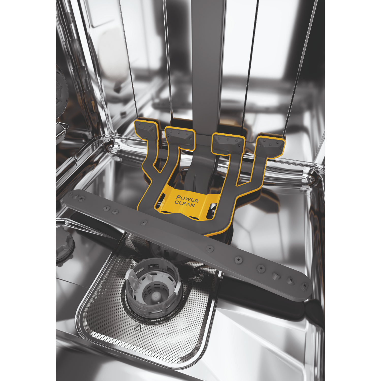 Wnętrze zmywarki, pokazujące ramiona natryskowe i system Power Clean.