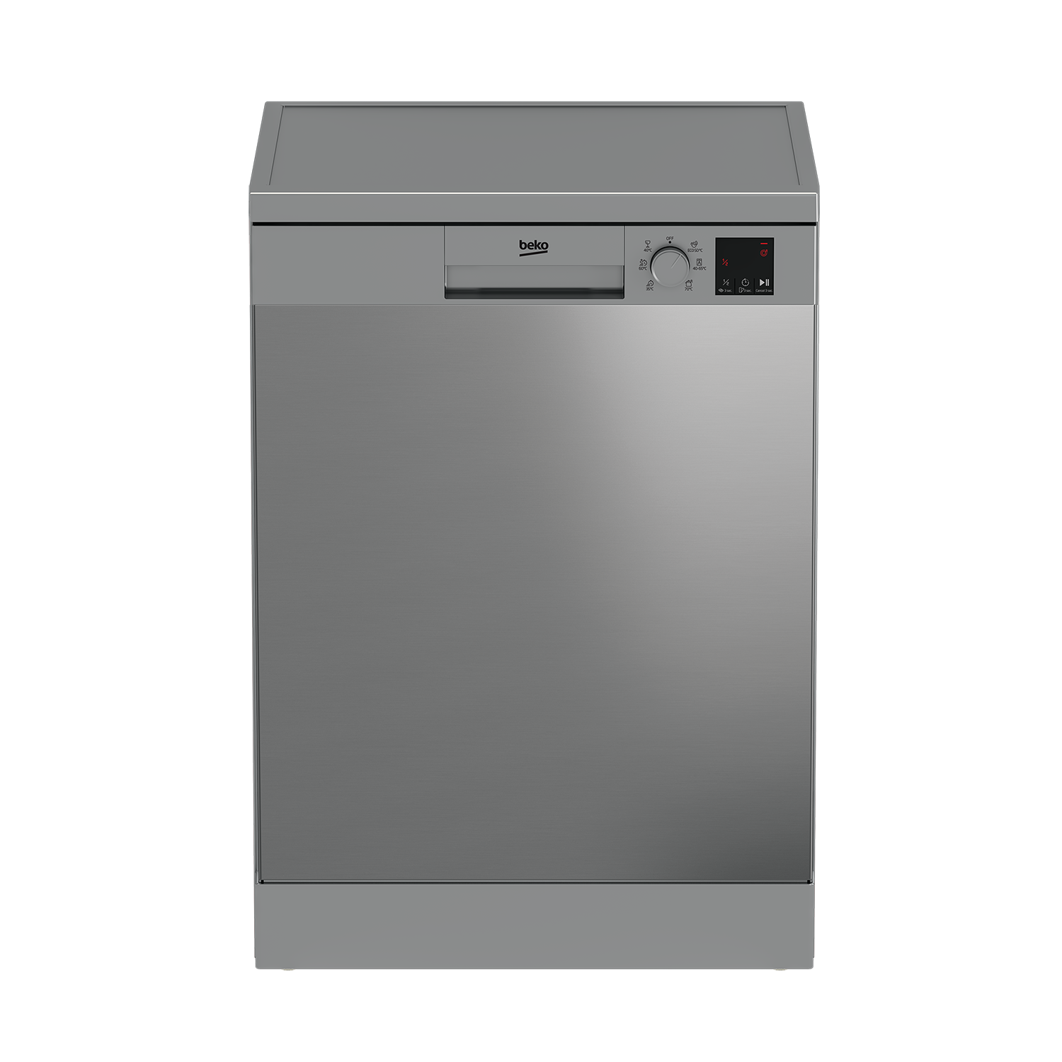 Ein Beko-Geschirrspüler, von vorne gesehen, mit metallischem Finish.