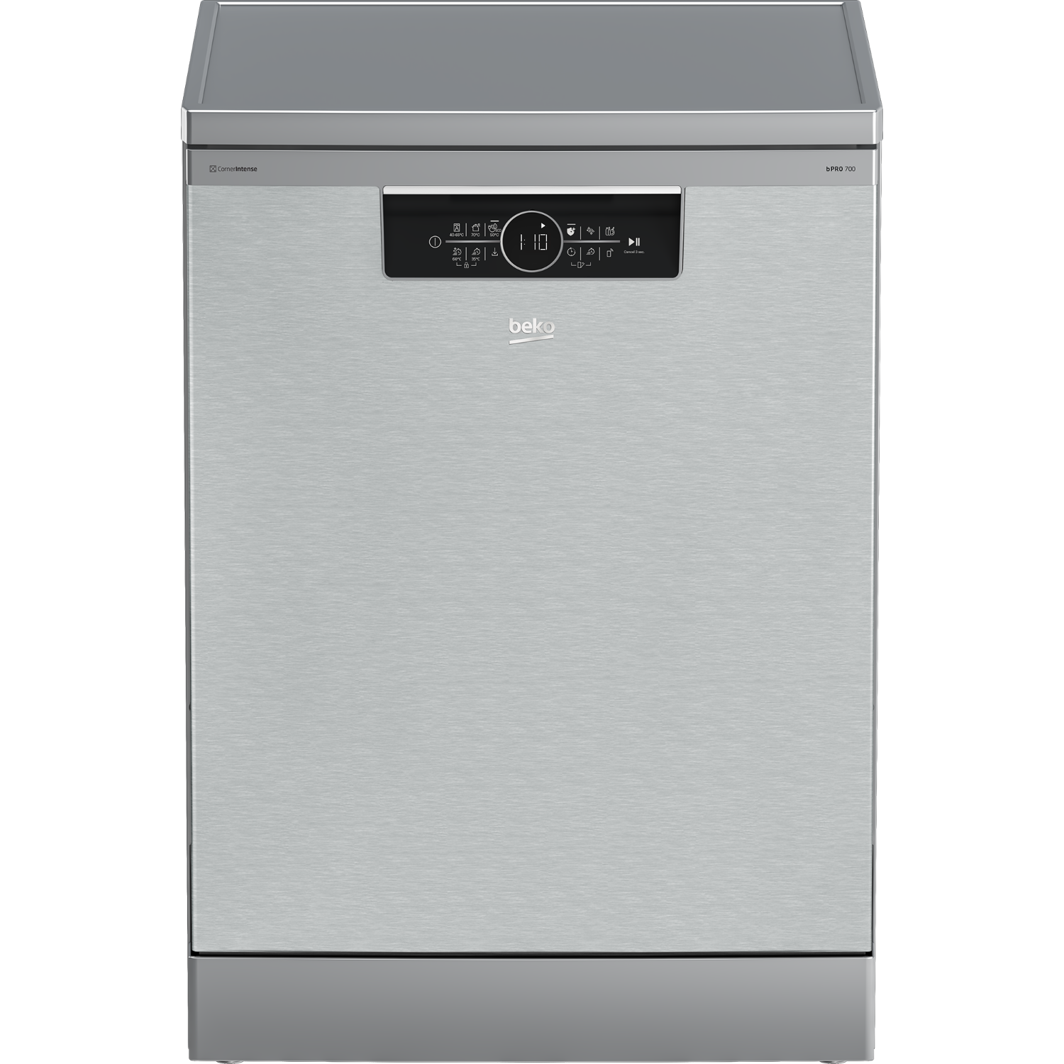Lavastoviglie Beko argentata, vista frontale. Pannello comandi e porta visibili.