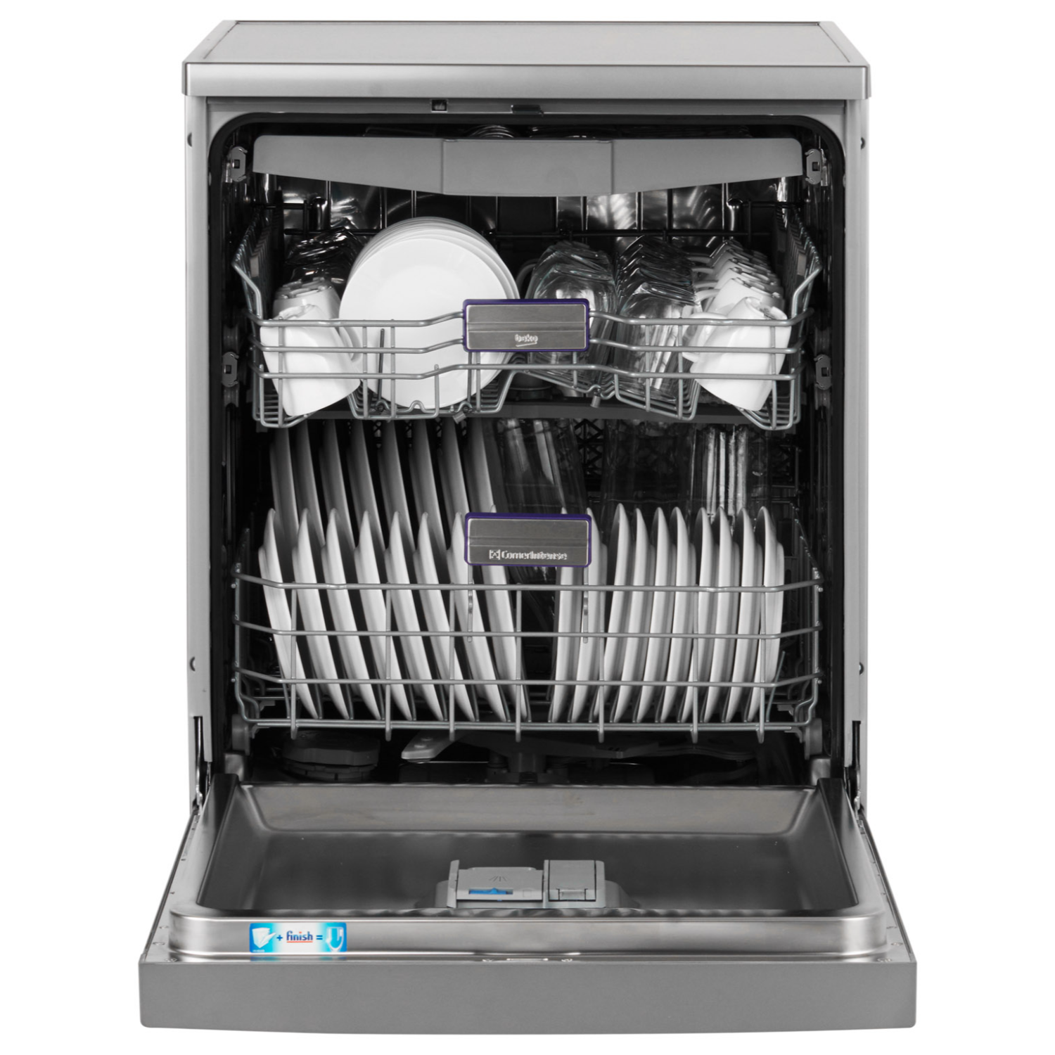 Lavastoviglie piena di piatti, bicchieri e altri oggetti, pronti per essere puliti. La macchina è in acciaio inox.