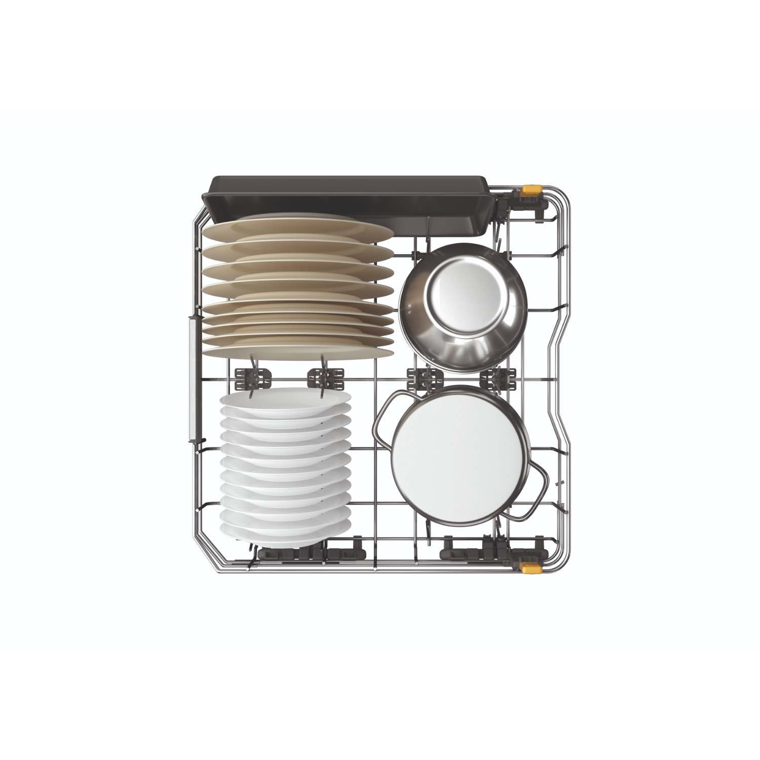 Koszyk zmywarki z talerzami, miskami i patelniami. Metalowy kosz z białymi talerzami.