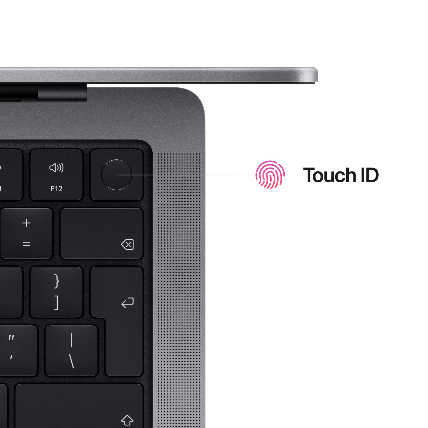 Zbliżenie klawiatury laptopa z podświetlonym Touch ID i różową ikoną odcisku palca.