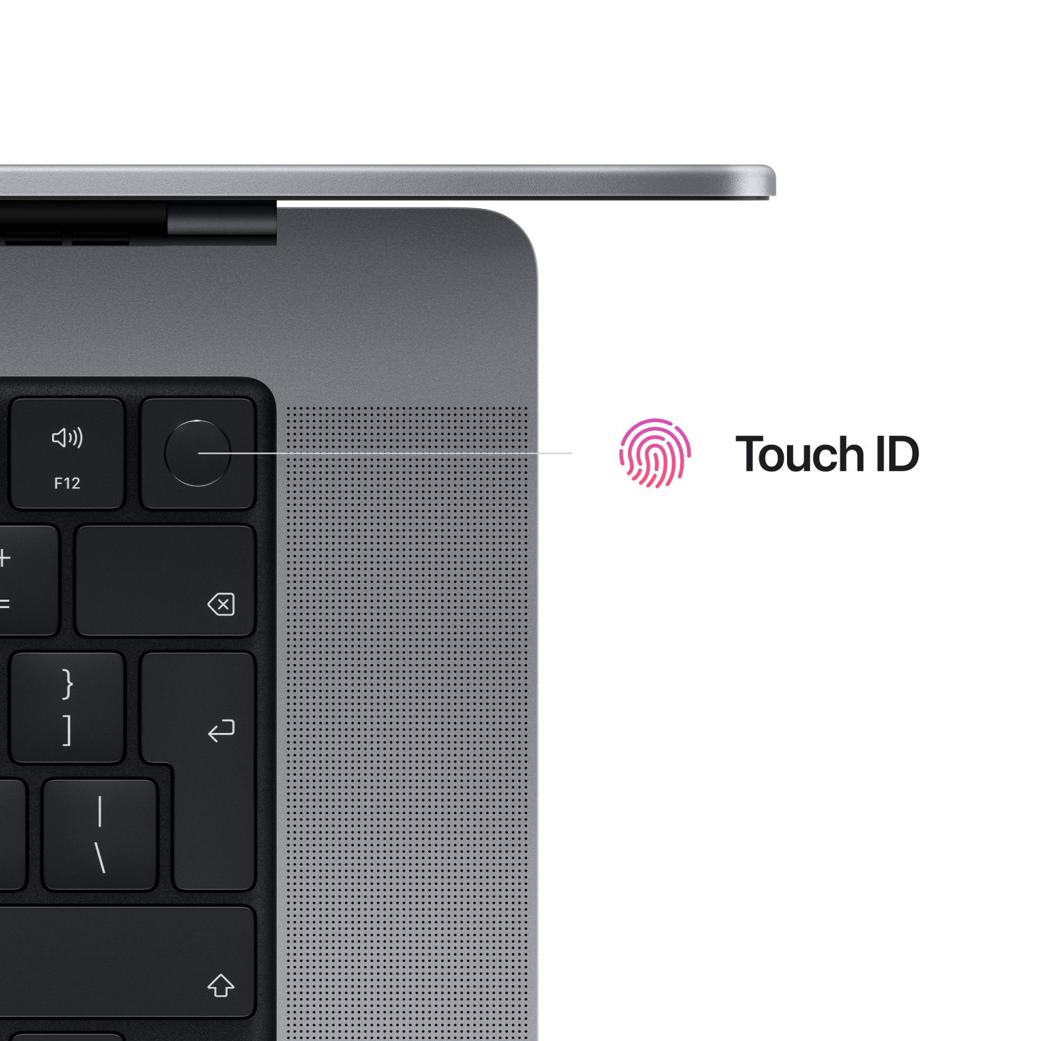 Laptop-Tastatur mit Touch ID und Lautsprecher. Die Oberseite ist offen.