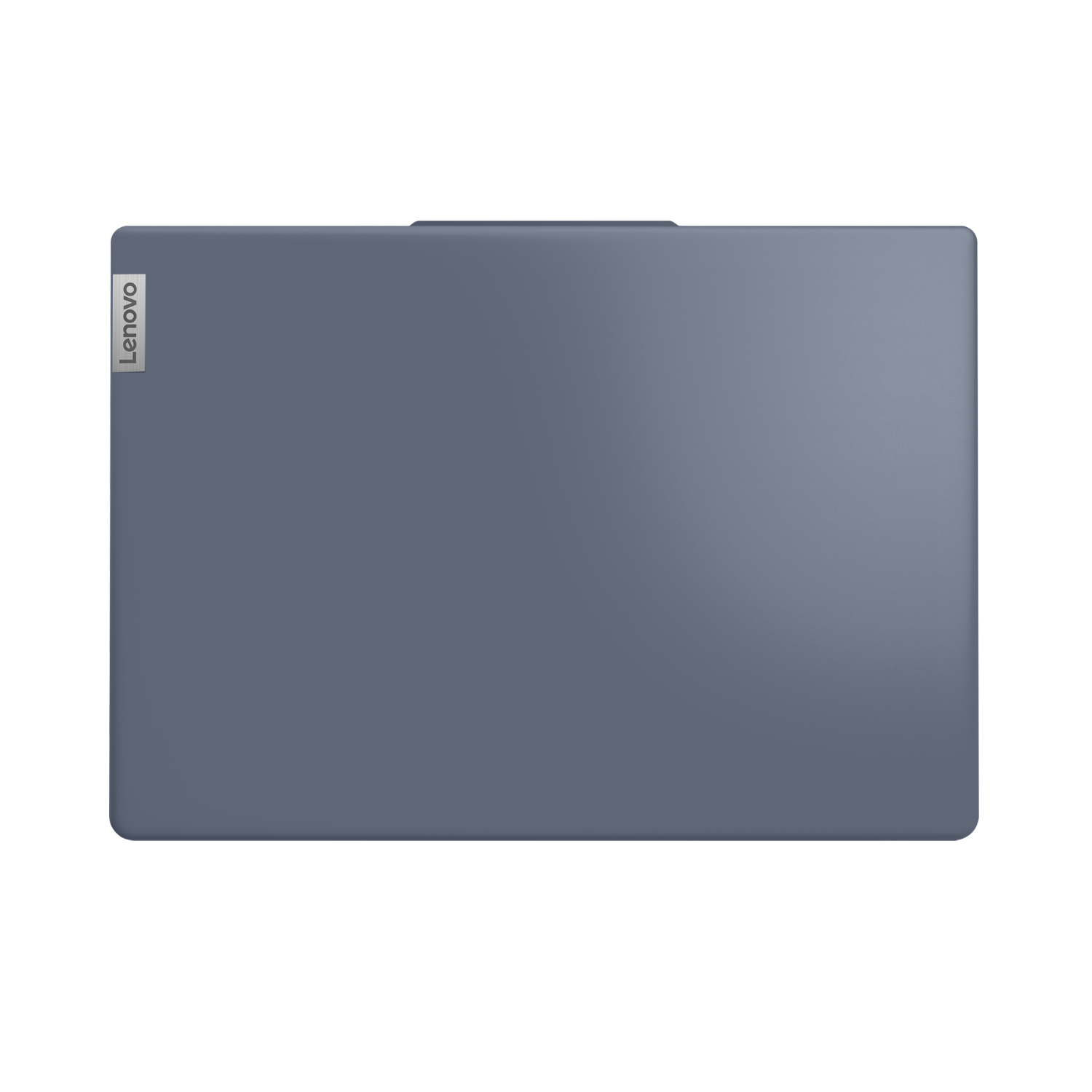 Widok z góry na zamknięty niebiesko-szary laptop Lenovo na czarnym tle.